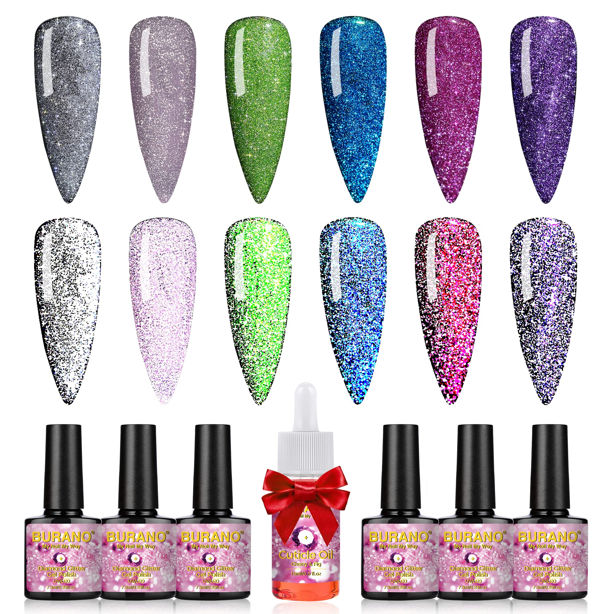 BURANO Reflective Glitter UV Gel Nail Polish, 7.3ml Green Purple Pink Silver Orange Sparkle Holographic Glitter Gel Nail Polish for DIY Home UV Lamp Required 6 Bottles DIY (Classic)