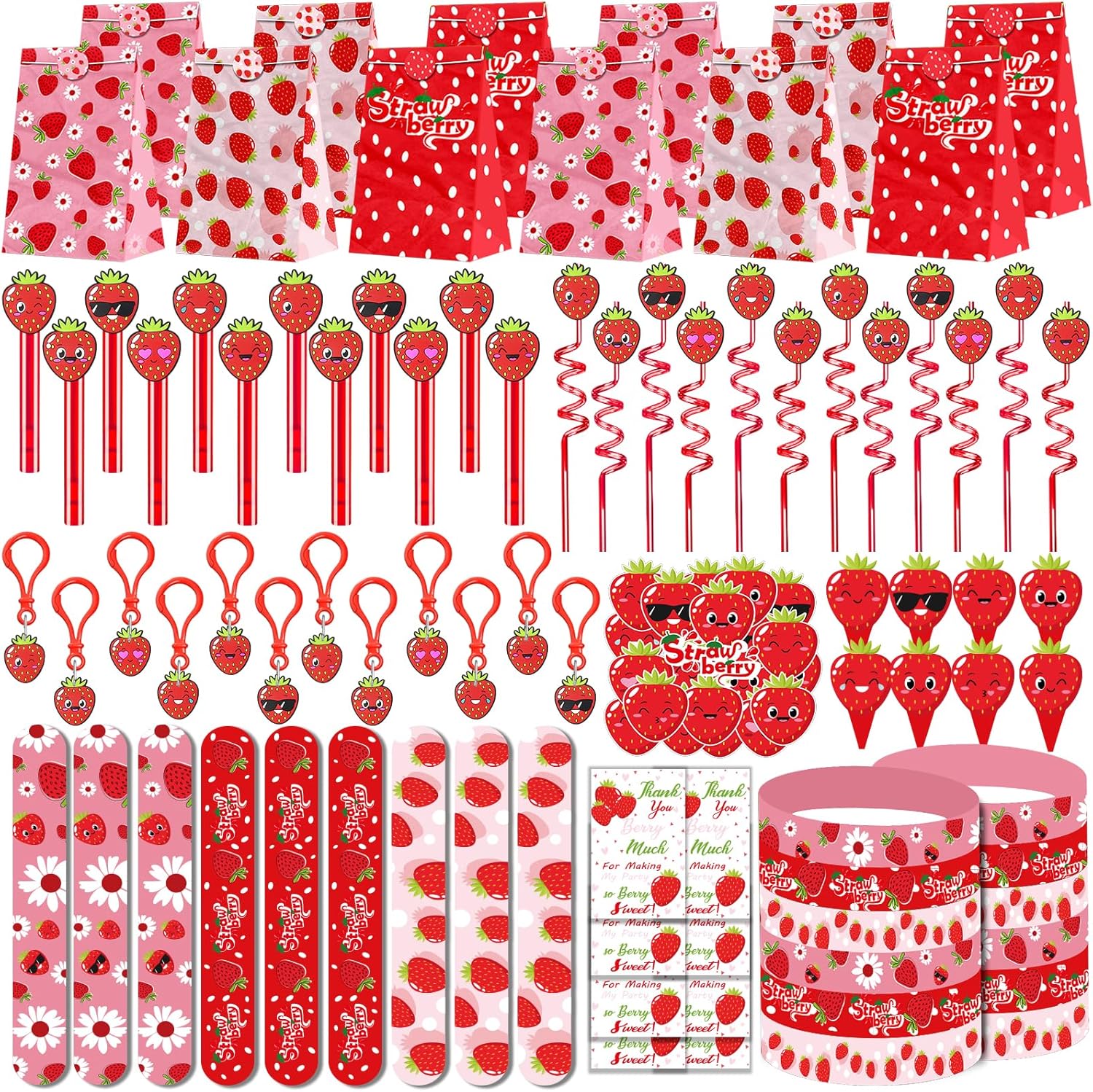 208PCS Strawberry Party Favors Kit - Berry First Birthday Decor With Treat Bags, Stickers & Goodie Bag Fillers