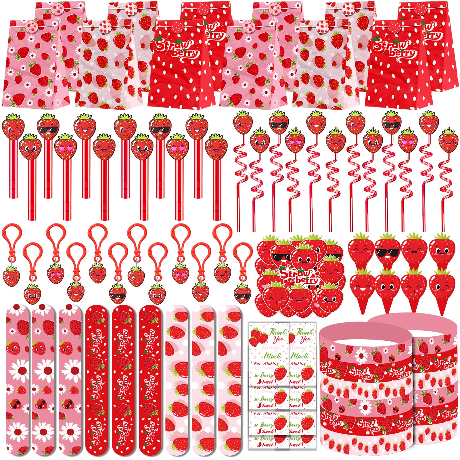 PLOUGVI 208PCS Strawberry Party Favors, Berry First Birthday Decor, Theme Decorations for Party Goodie Bag Stuffer Pinata Filler Gifts