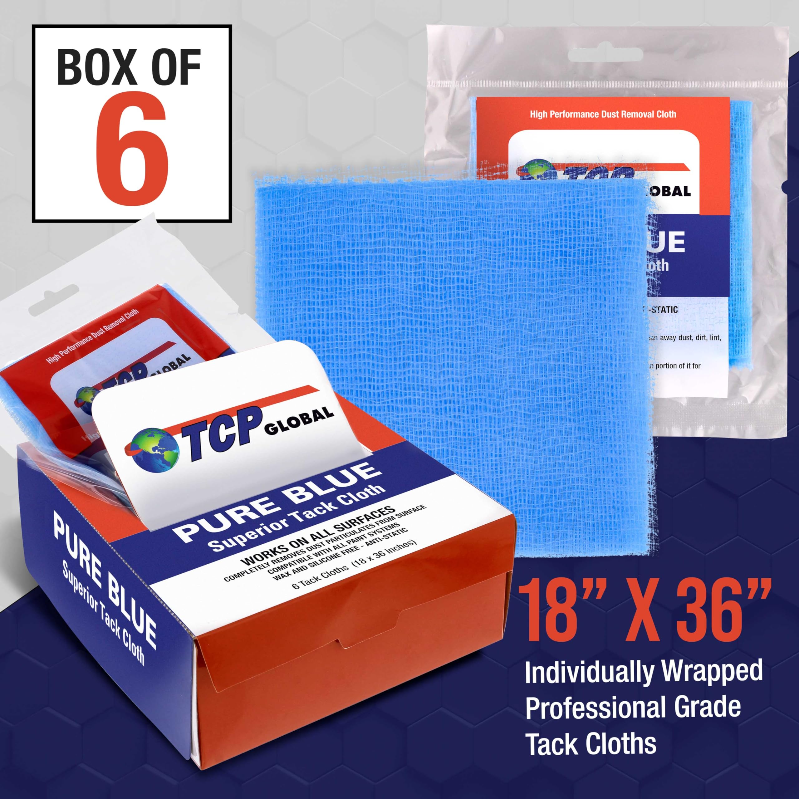 TCP Global - Pure Blue Superior Tack Cloths - Tack Rags (Box of 6) - Automotive Car Painters Professional Grade - Removes Dust, Sanding Particles, Cleans Surfaces - Wax and Silicone Free, Anti-Static