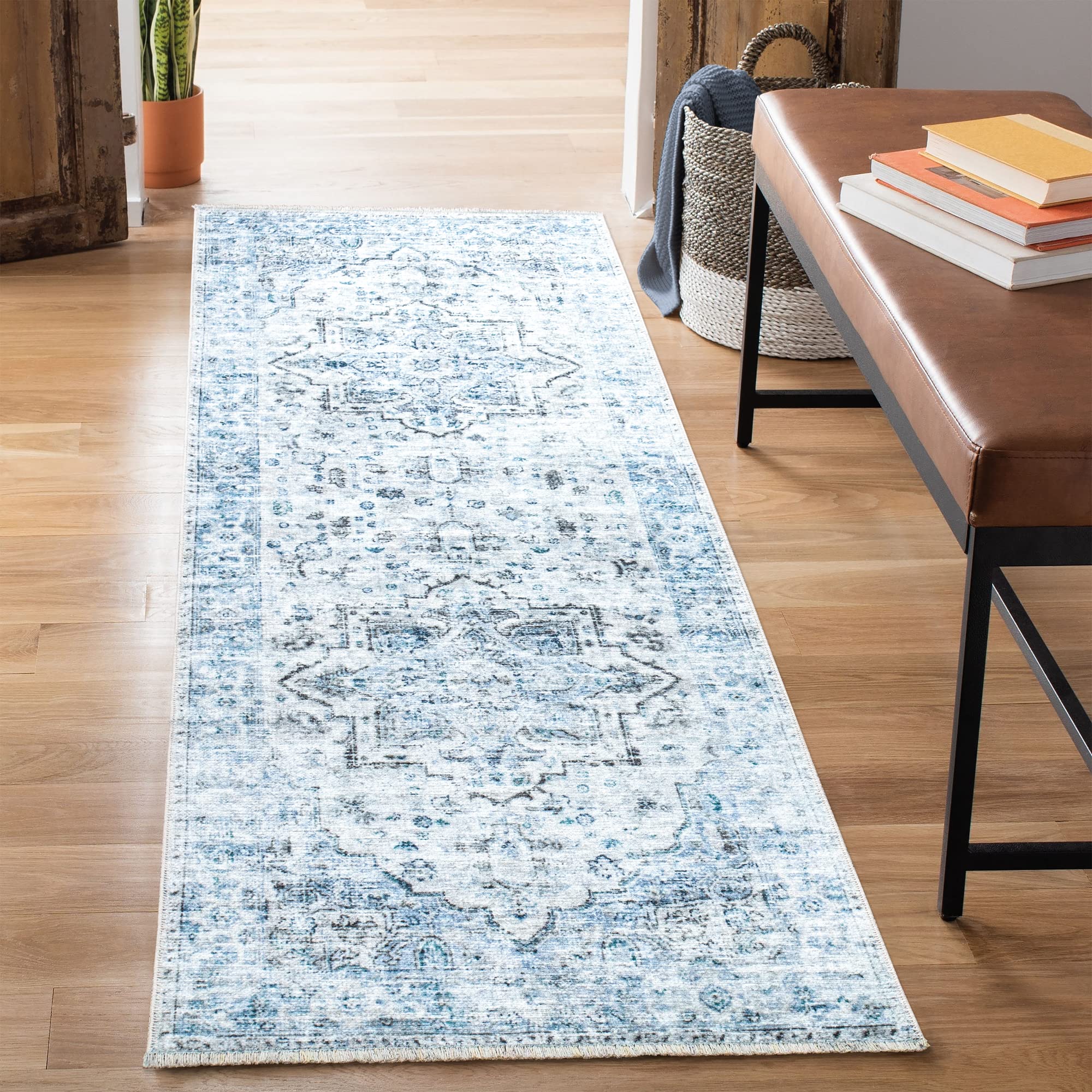 bloom rugs caria washable non-slip 7 ft runner - ivory/blue/gray traditional runner for entryway, hallway, bathroom, and kitchen - exact size: 2'6" x 7'