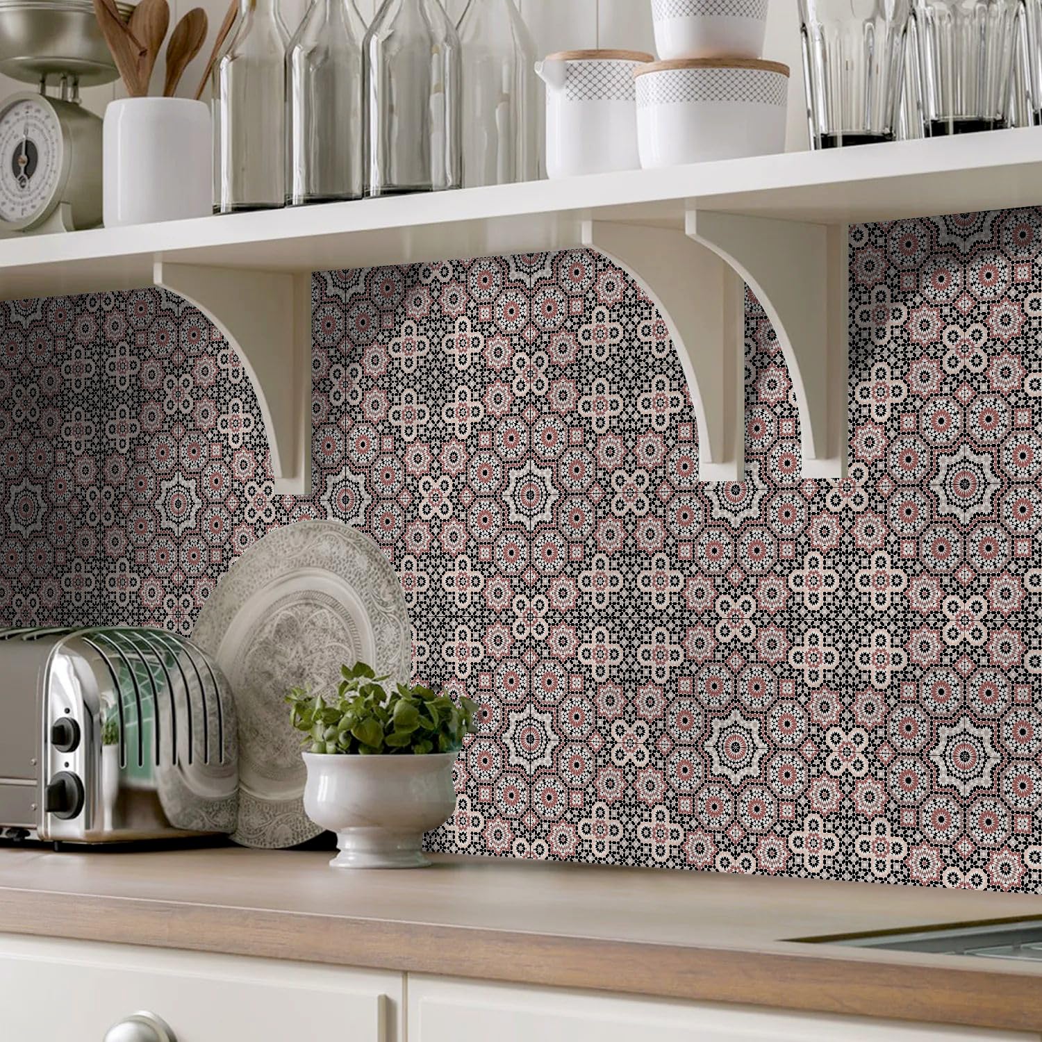 Piastrelle Adesive per Cucina e Bagno Grafica Rossa PVC Impermeabili, Pannelli Decorativi per Pareti, Mattonelle Adesive Facili da Applicare, Paraschizzi Cucina 24 PC(15x15cm)
