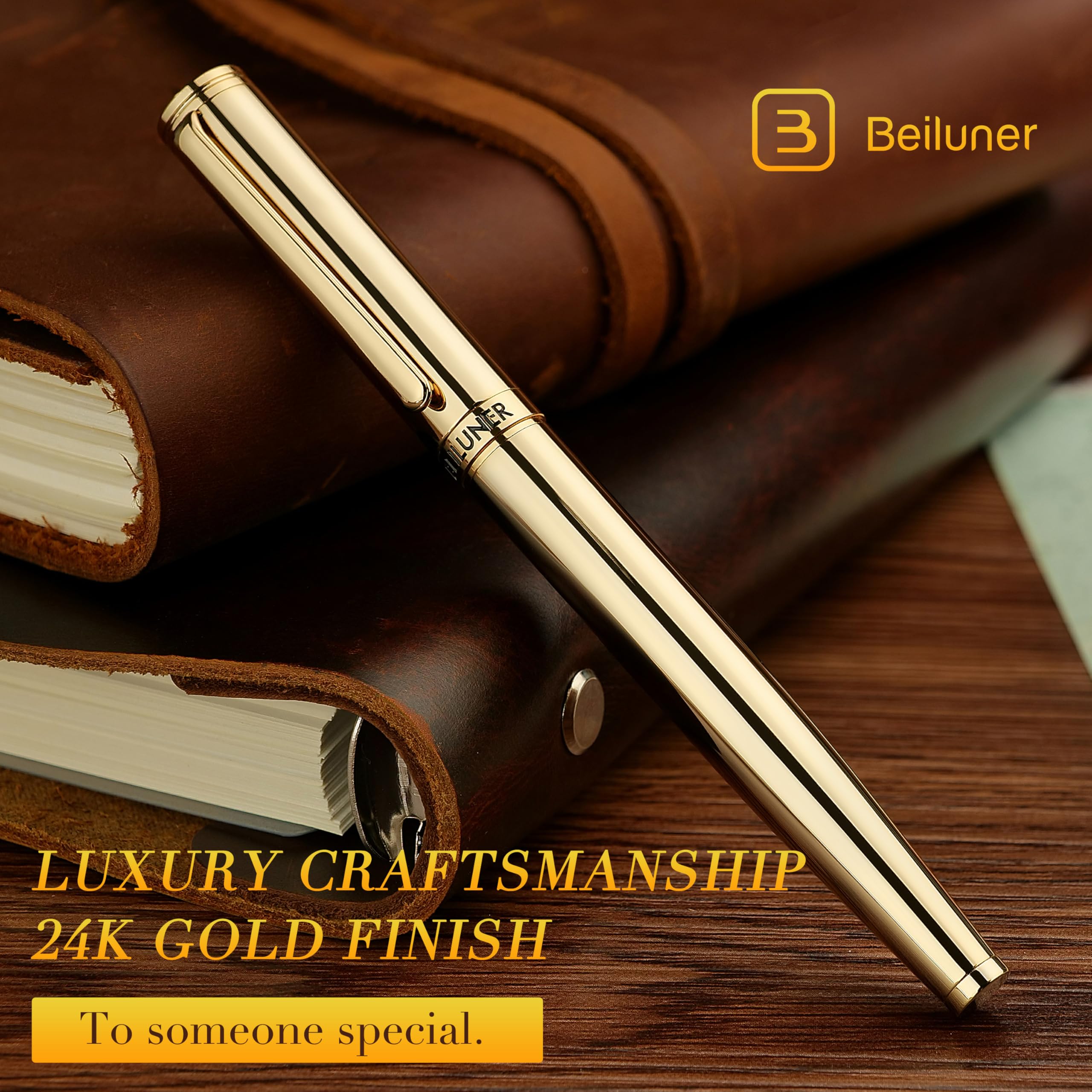 BEILUNER Estilográfica de Lujo, Acabado y Plumín Oro 24K, Regalo Confiable con Convertidor para Él y Ella, Pluma Elegante Oficina - Oro, Plumín Fino