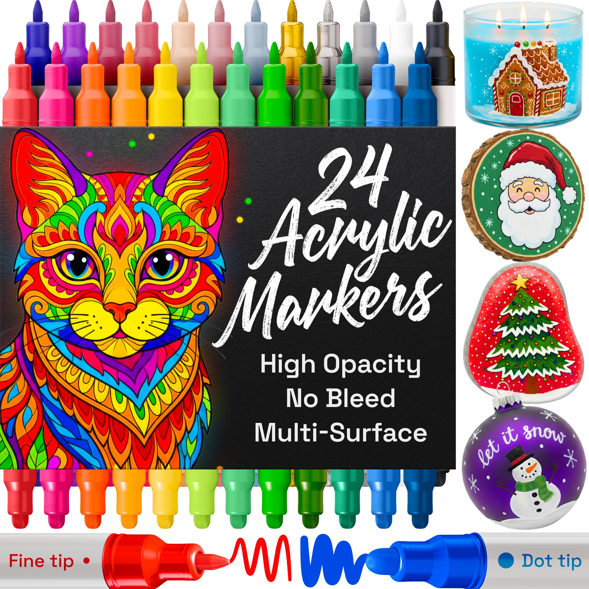 ARTISTRO 24 Acrylic Paint Markers for Rock, Fabric, Wood, Glass, Craft, Decoration - Dual-Tip Paint Pens - Stocking Stuffers, Christmas Gift Idea for Teens, Grandkids, Kids - Art Supplies