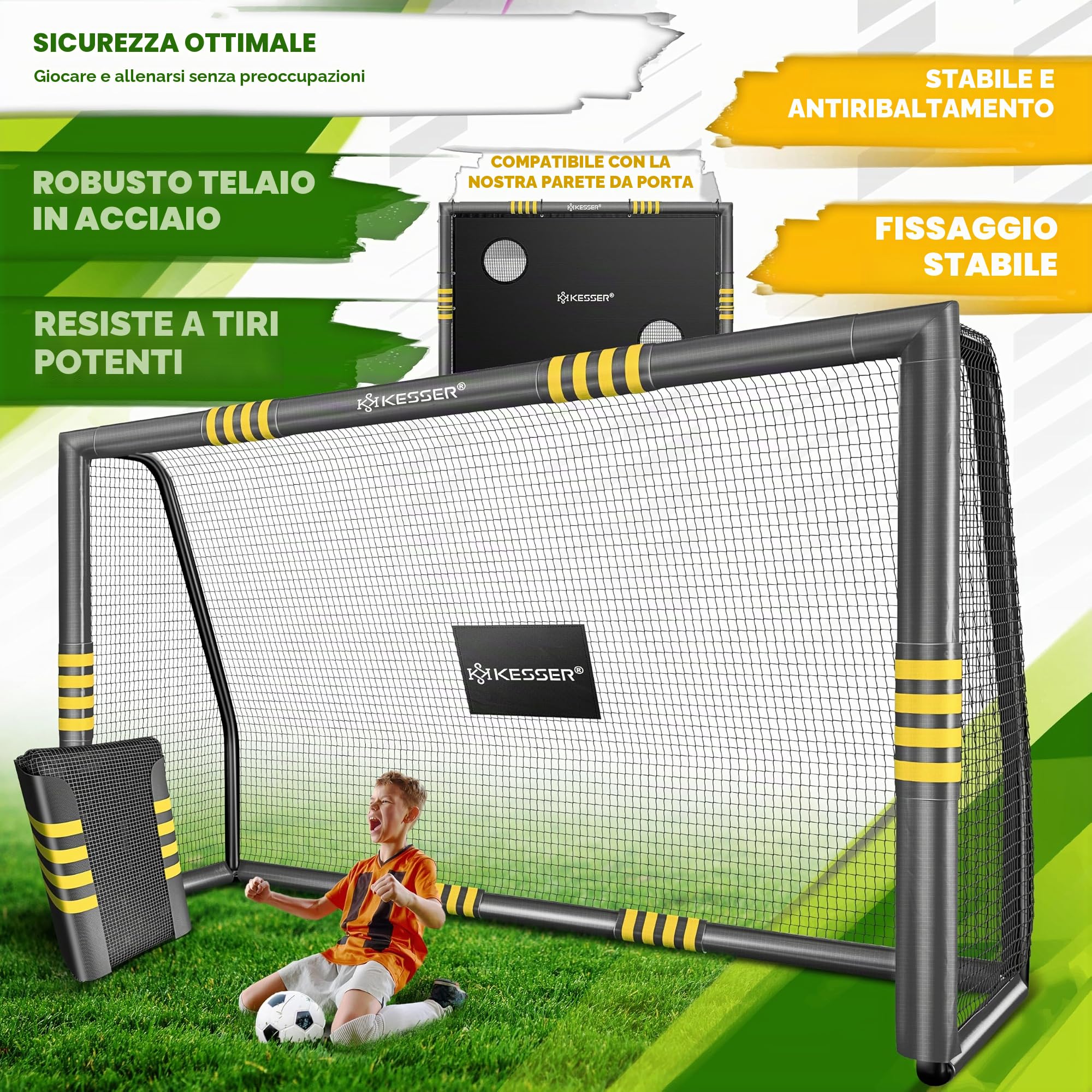 KESSER® Porta da calcio – Porta da calcio di alta qualità 240 cm, allenamento tiro allenamento rete resistente ai raggi UV, telaio in acciaio con imbottitura, picchetti per terra, pompa ad aria, coni