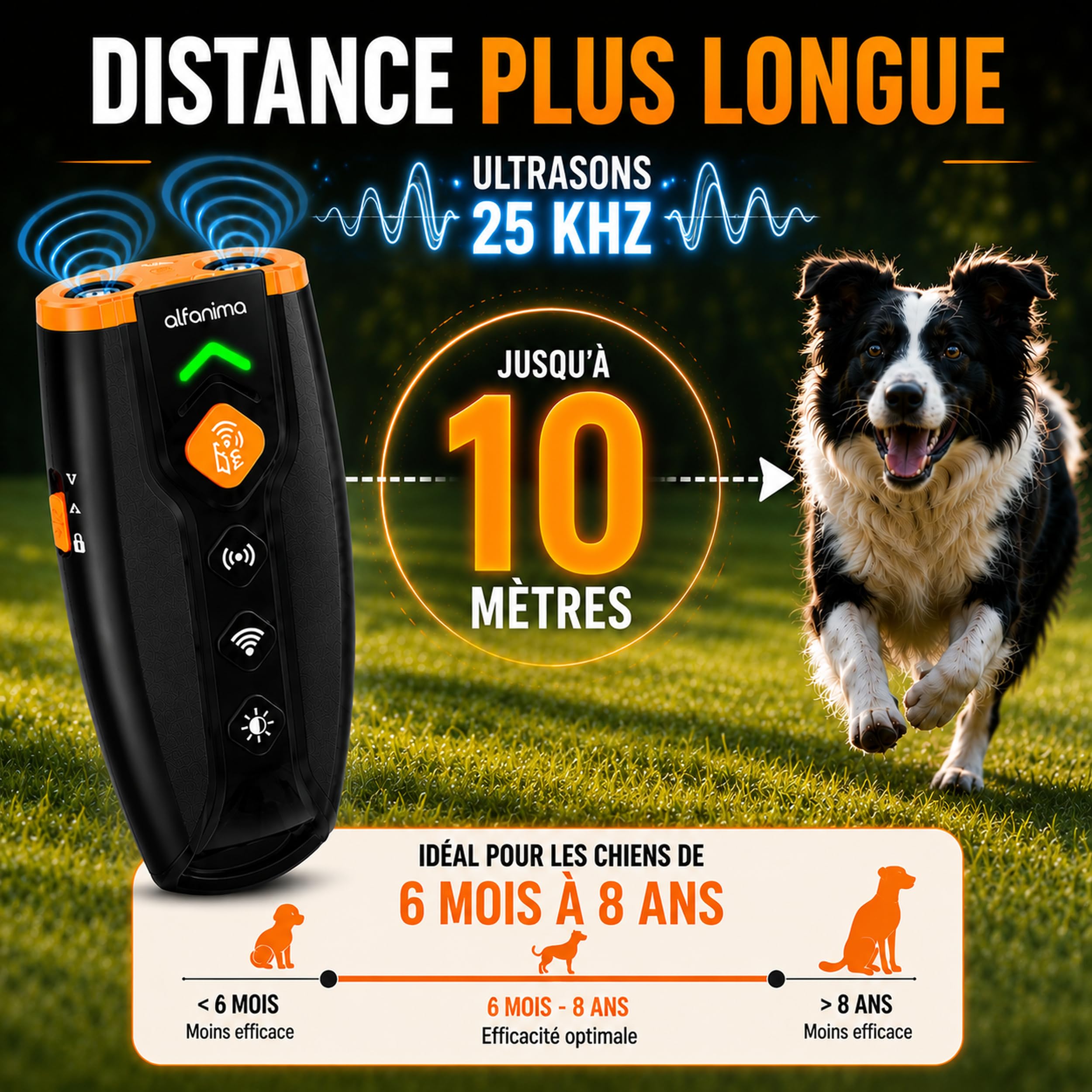 Anti Aboiement Chien Ultrason Puissant, Dispositif Portable de Contrôle des Aboiements et de Dressage, Alternative Humaine aux Colliers Électriques, Portée 10 m, Sifflet, Lampe LED et Recharge USB-C