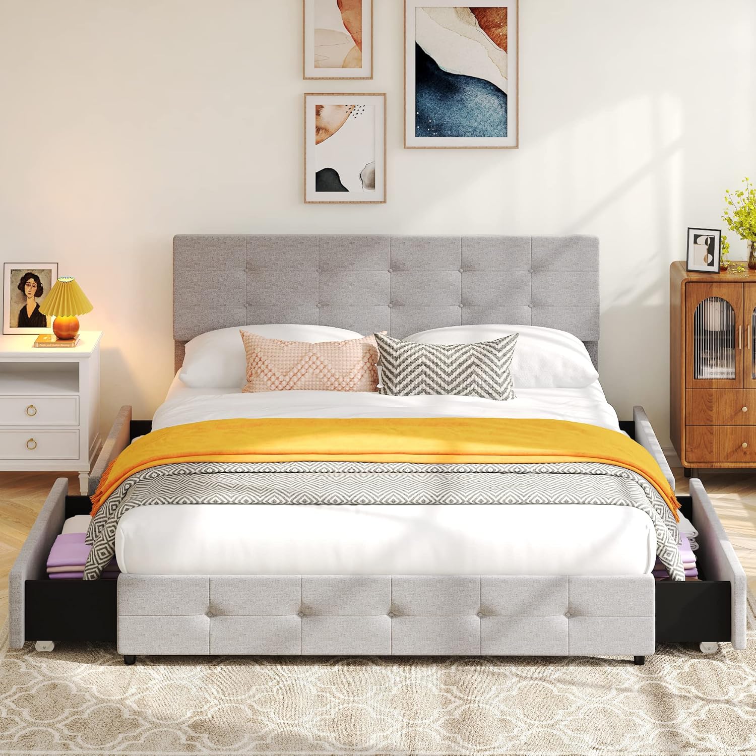 HOMFAMILIA Queen Bed Frame with Adjustable Headboard and 4