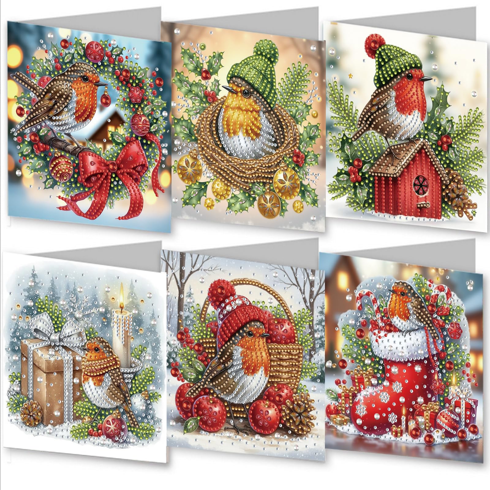 AYUCHYN ART 6 Pack Christmas Mixed Greeting Cards Robin | 5D DIY Diamond Painting Crystal Art Cards Making Kit with Envelopes & Full Tools | Xmas Cards Gift Postcards for Handmade 30×15cm (Robin)