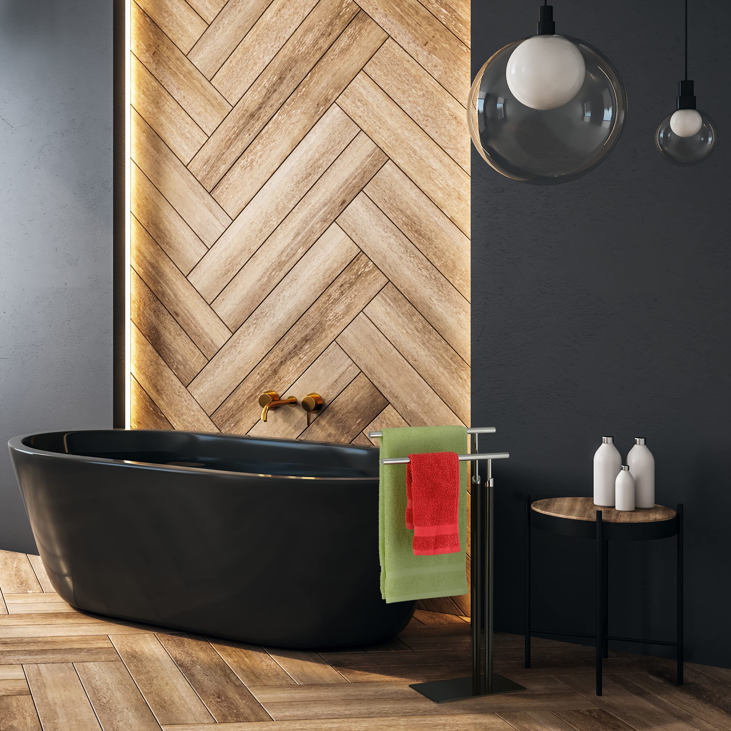 Relaxdays Piantana Portasciugamani, Autoportante con 2 Aste, in Acciaio, HxLxP: 78x44x20 cm, Bagno, WC, Nero Argentato