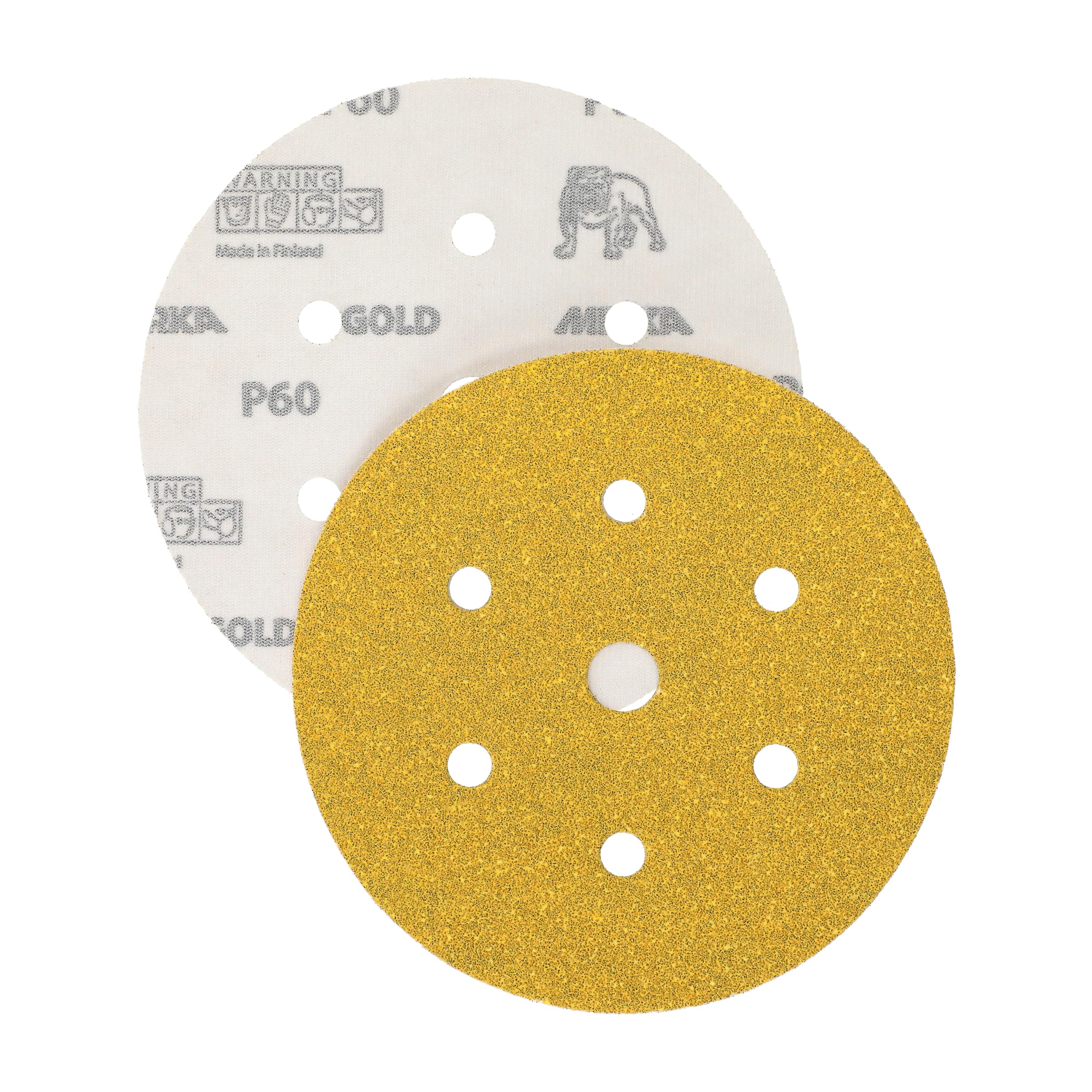 Mirka Gold Papel de lija universal Ø 150mm Velcro 7 agujeros, grano P60, 50 piezas / Para lijar yeso, masilla, aglomerado, madera, barniz