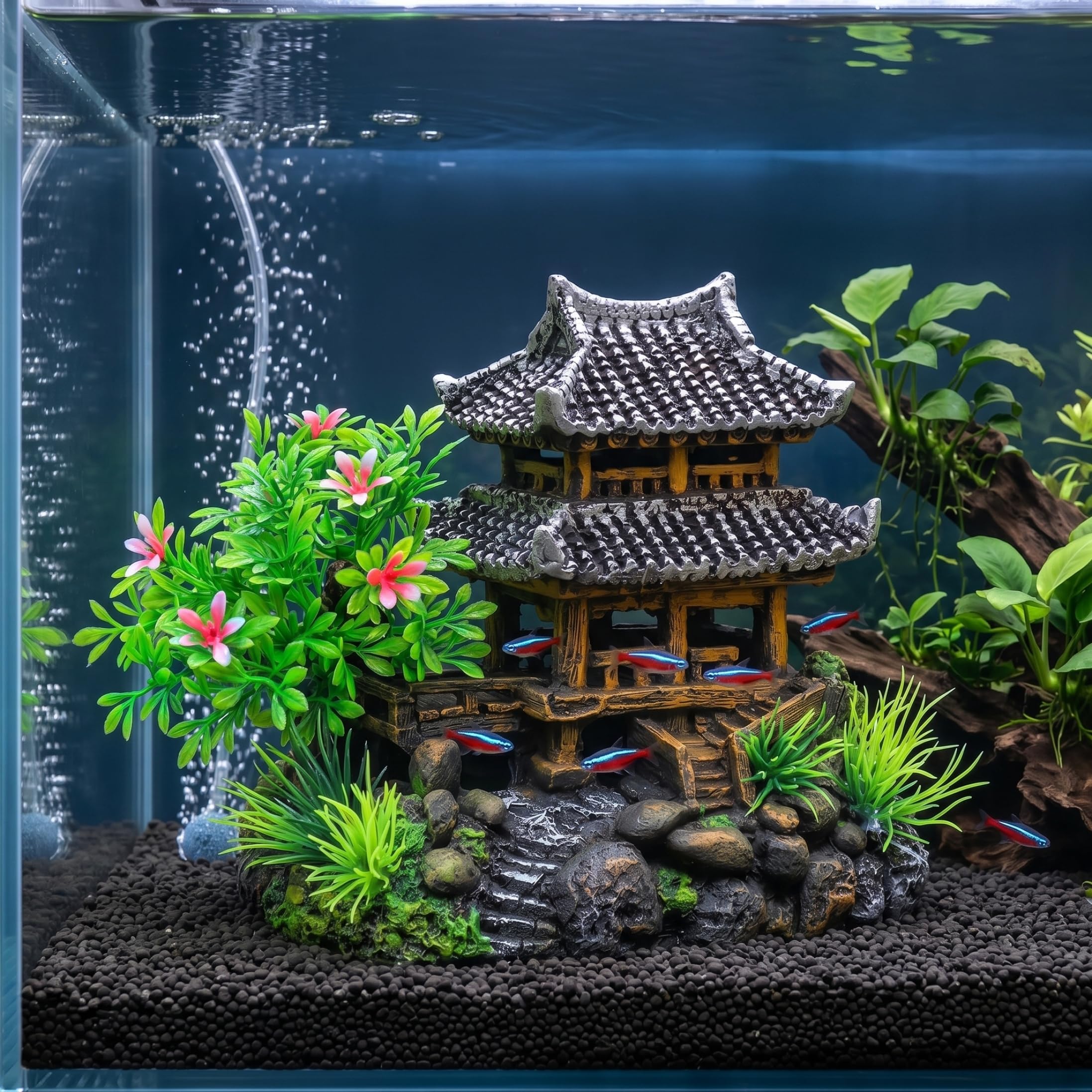 Latemeia Aquarium Castle, Chinese Pavilion Fish Tank Decor Resin Rockeries and Green Plants Aquarium Thematic Ornament, (7x4x6 Inch), Ornaments extérieurs