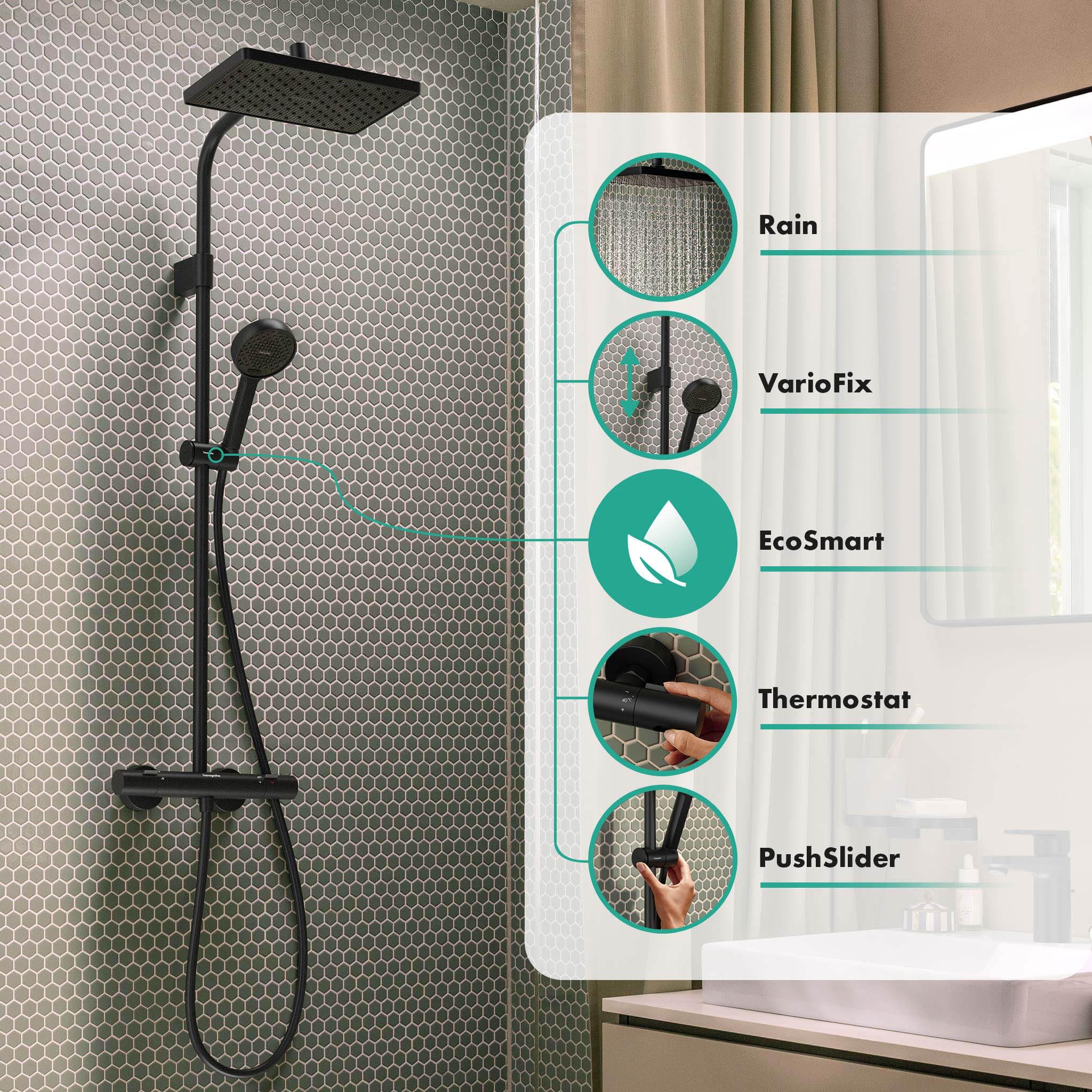hansgrohe Activera Q - sistema de ducha max. 8 l/min (EcoSmart) con termostato, ducha lluvia (290 x 180 mm) con grifo, ducha de mano, flexo, barra, ducha fija, negro mate, 28748670