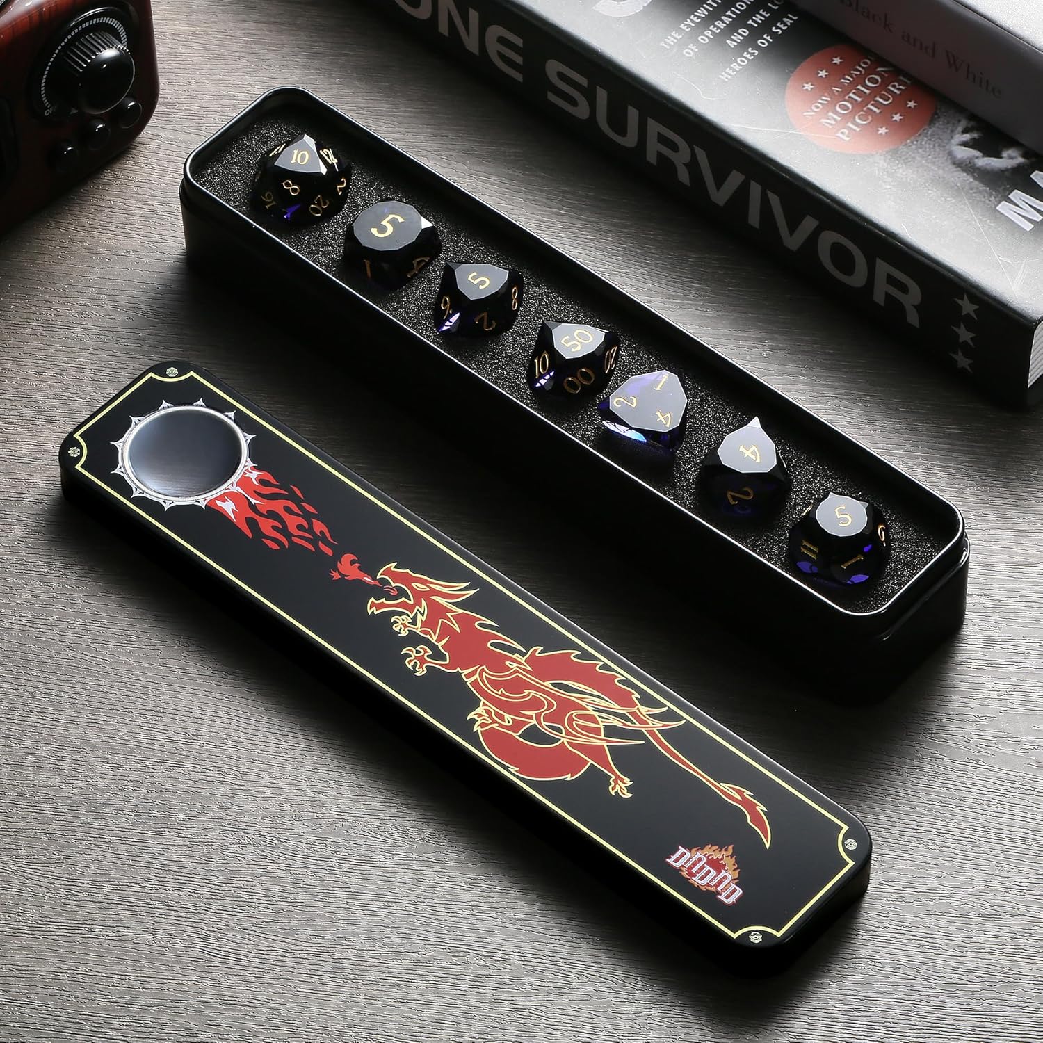 DNDND 7-Piece Glass Dice Set D&D- Multifaceted RPG Dice Set for DND, Tabletop Gaming, Collectors | Premium Gift Box & Durable Design (Dark Purple)
