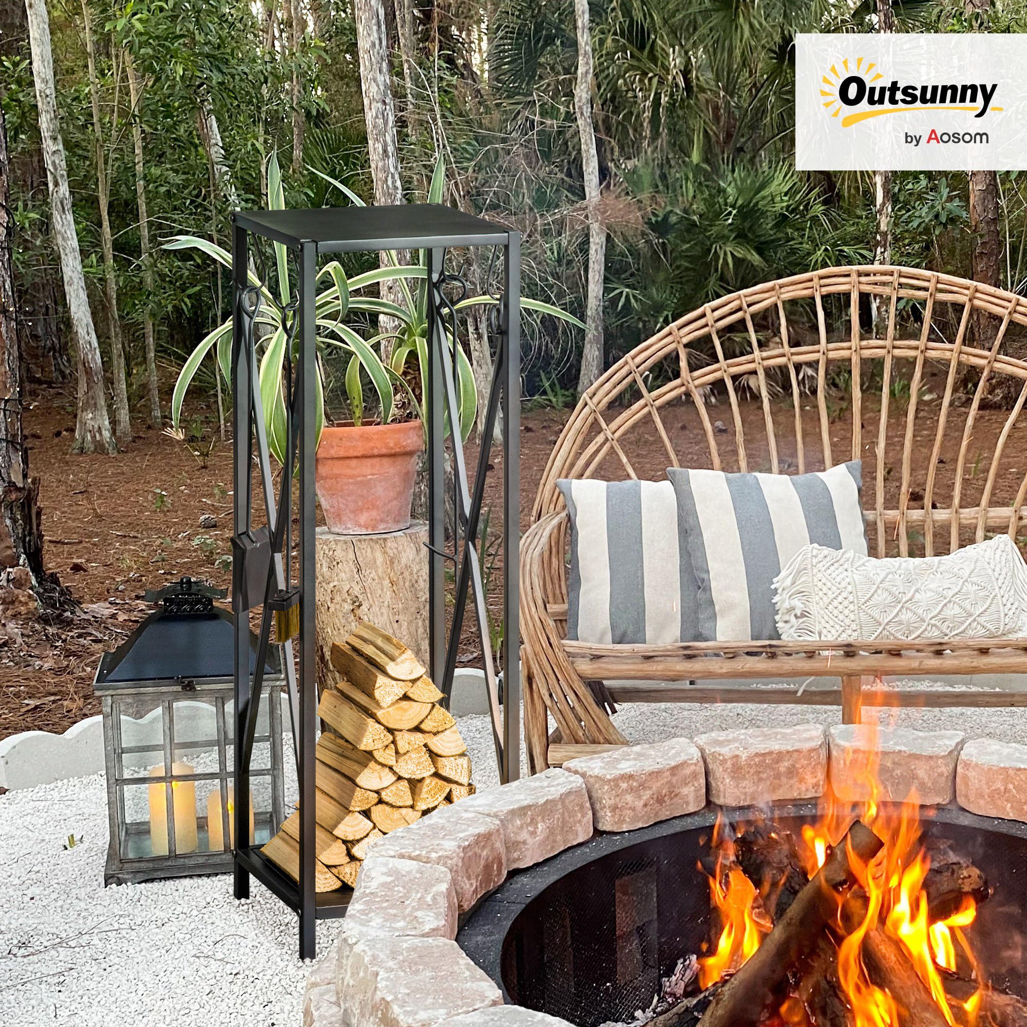 Outsunny Soporte para Leña Estante de Leña Metálico Leñero de Exterior con Ganchos Pala Cepillo Atizador y Tenazas Carga 65 kg para Interior y Exterior 34x34x111 cm Negro