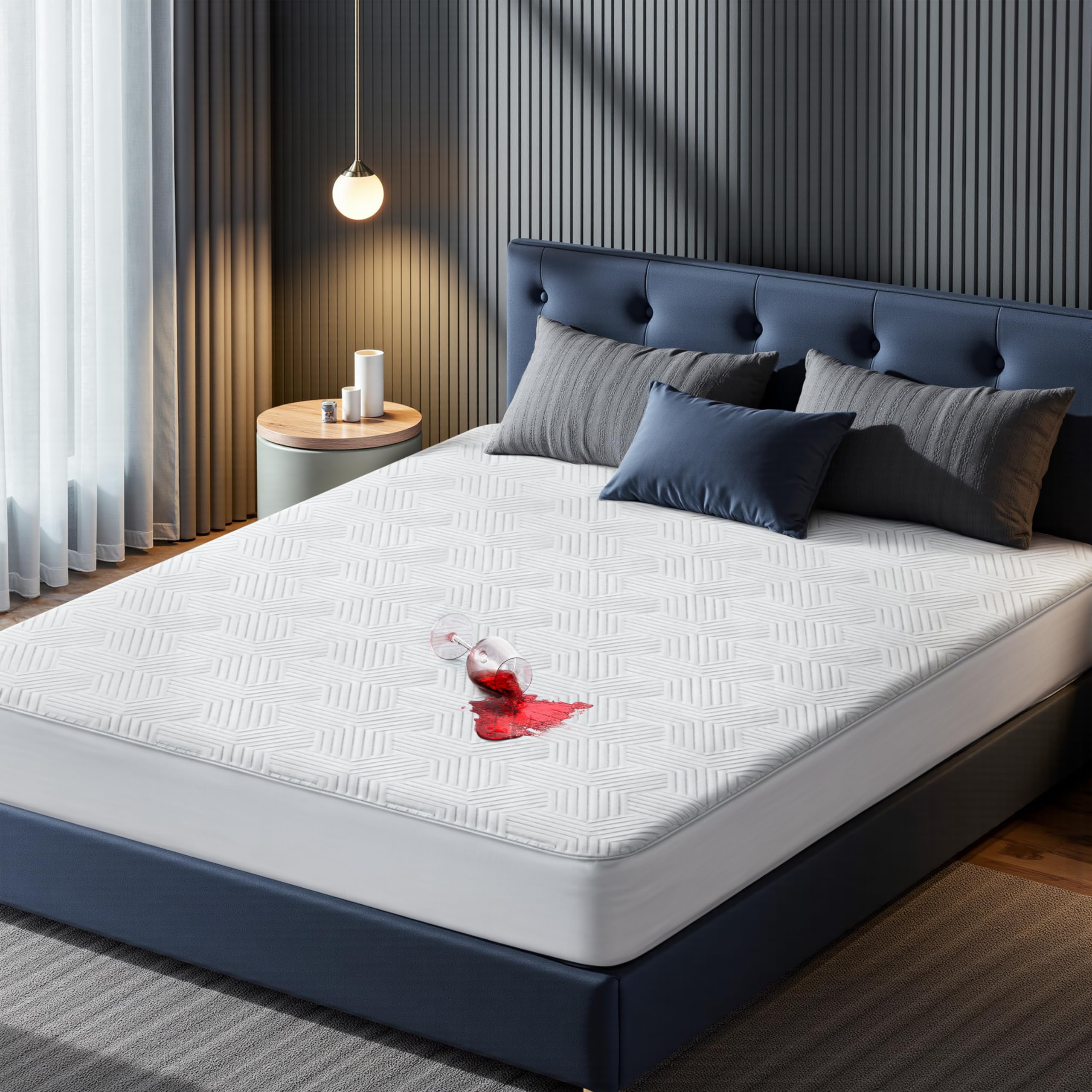Biteany 100% wodoodporny ochraniacz na materac, chłodzący bambusowy pokrowiec na materac 3D, z głęboką kieszenią, pasuje do 20-53 cm (biały, Queen)