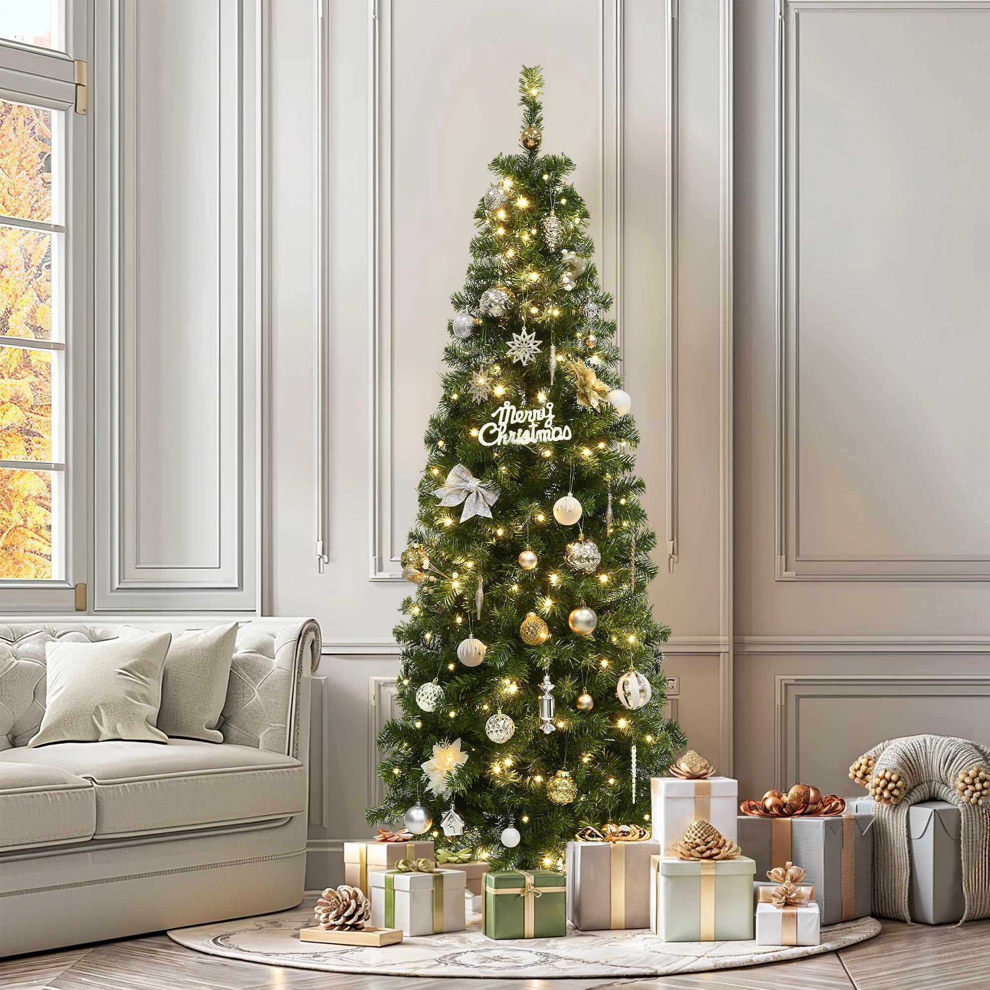 YITAHOME Albero di Natale Artificiale Sottile 182 cm con 200 Luci LED, ca. 700 Punte, Albero di Natale Realistico con Telaio Pieghevole & Supporto in Metallo, 182 x Φ65 cm