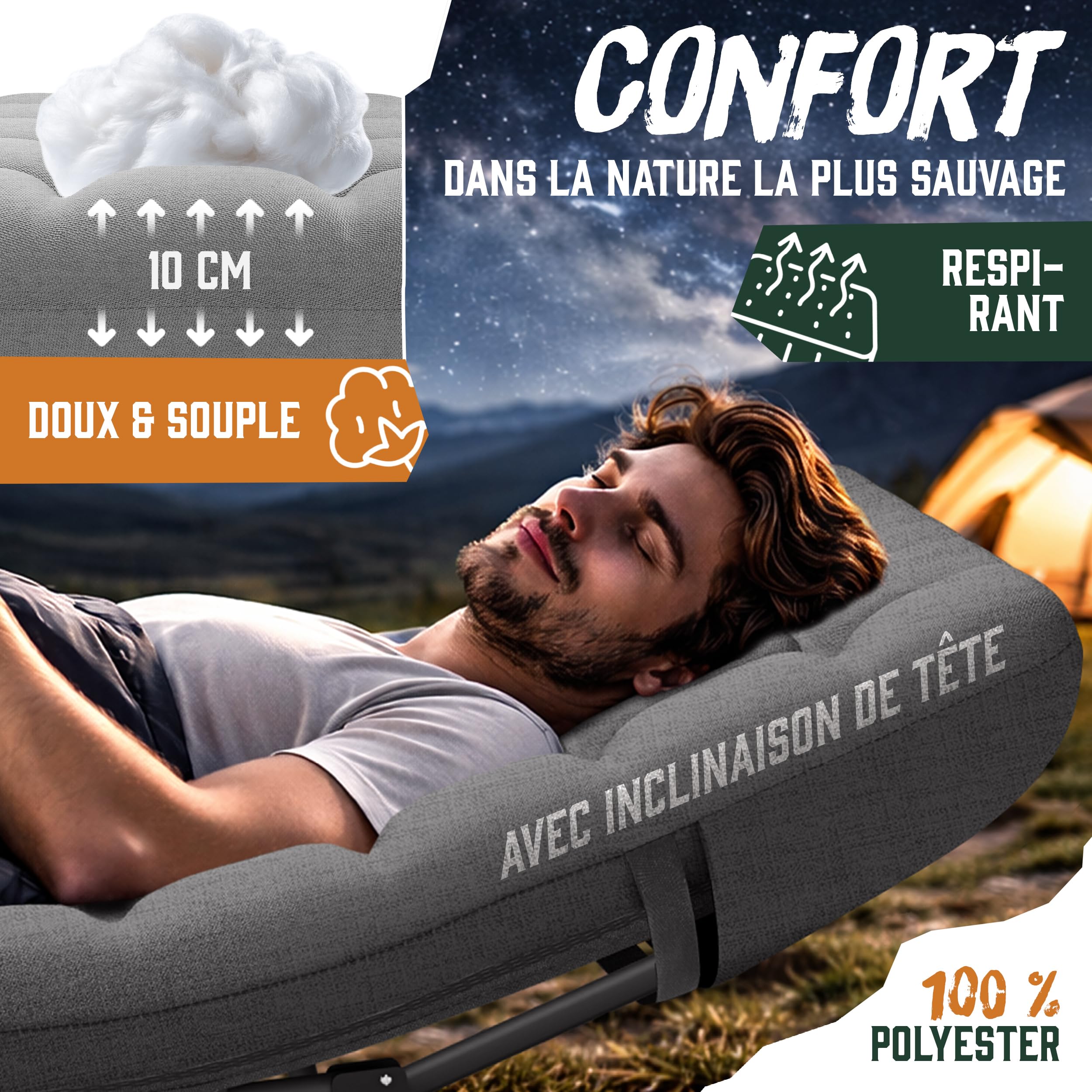 ELONEO Nouveau lit de Camp Pliable avec surmatelas Premium | Lit de Camping Jusqu’à 200kg de Charge | Lit d’appoint Pliable | Lit Pliant intérieur et extérieur | Lit de Voyage Adultes
