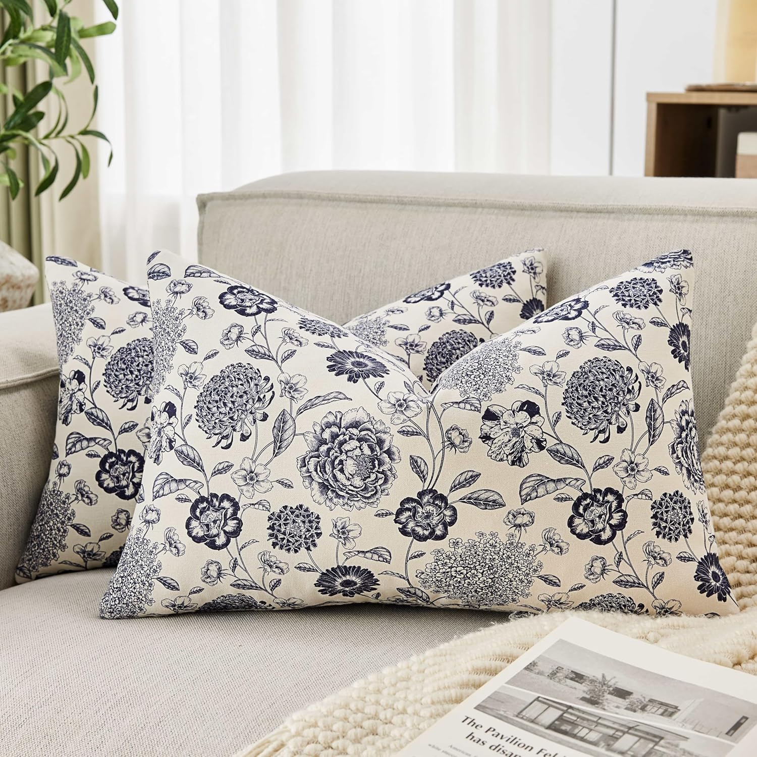 100% Cotton Botanical Throw Pillow Covers Set of 2, 22x22 Inch Moss, Farmhouse Double-Sided Floral Print Decorative Cushion Covers Pillow Cases Boho Home Decor