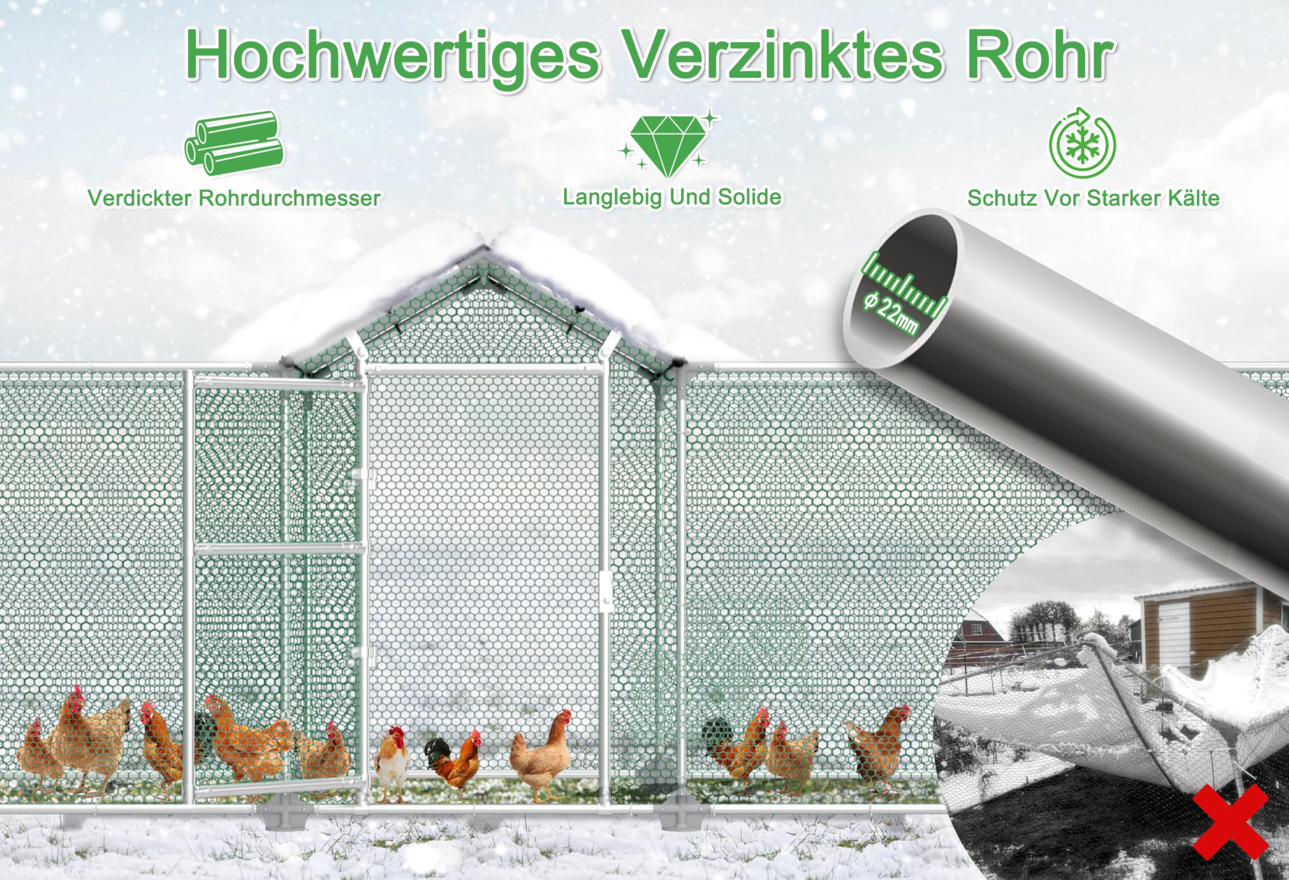 LILIIN Freilaufgehege Hühnerstall, Verzinkter Stahlrahmen Hühnerhaus, Außengehege für Haustierkäfig Vogelkäfig Kleintiere, mit Schloss und PVC-beschichtetes Schatten Dach, 400x100x150cm
