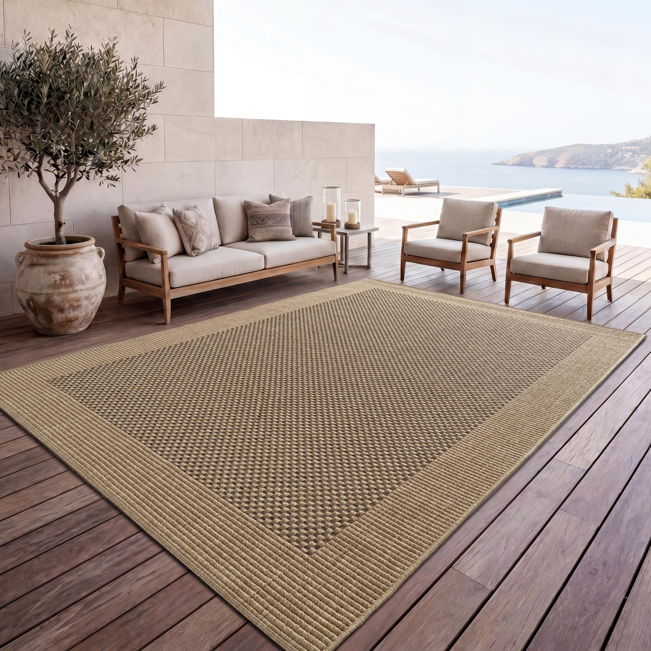 Paco Home Tappeto Per Esterno Terrazzo Balcone Tappeto Cucina Bordura Sisal Monocolore Beige, Dimensione:160x230 cm