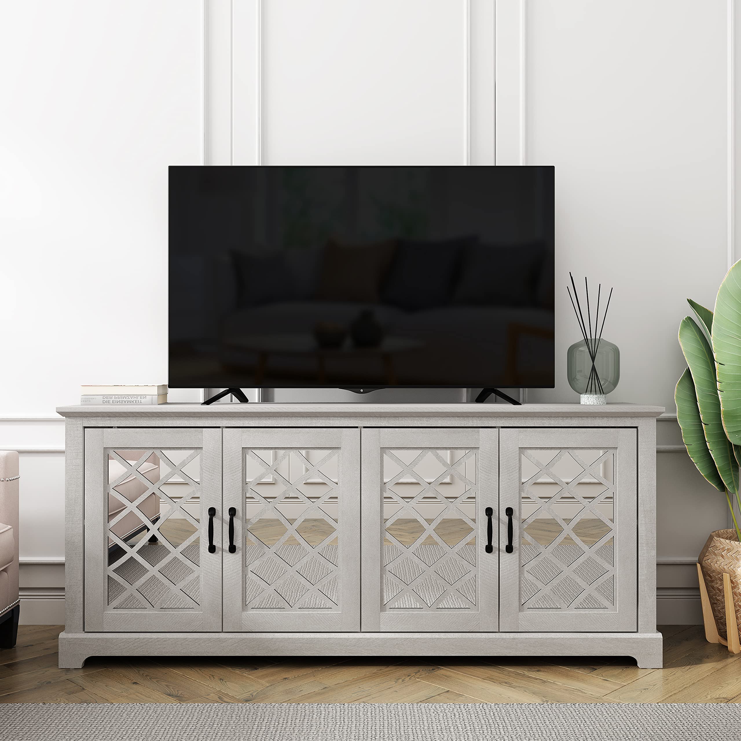 Galano Millicent 75 Inch TV Stand - Farmhouse TV Stand - TV Stand with Storage - TV Cabinet - TV Stands for Living Room, Acrylic Mirrors - Dusty Grey Oak