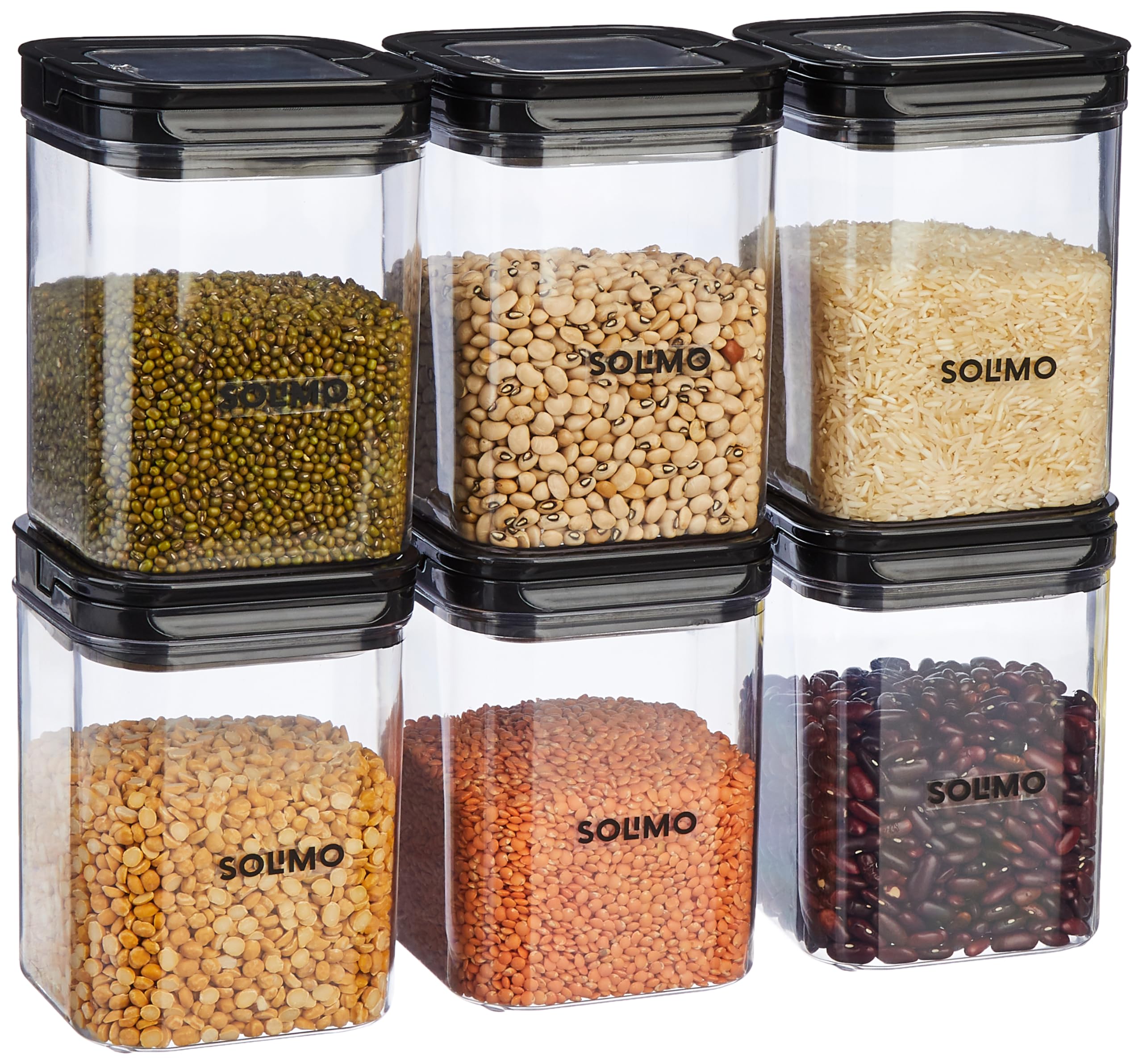 Amazon Brand - Solimo Airtight Plastic Storage Jar and Container Set-I | BPA Free | Multipurpose Storage | 1150ml Each, Set of 6 (Black)