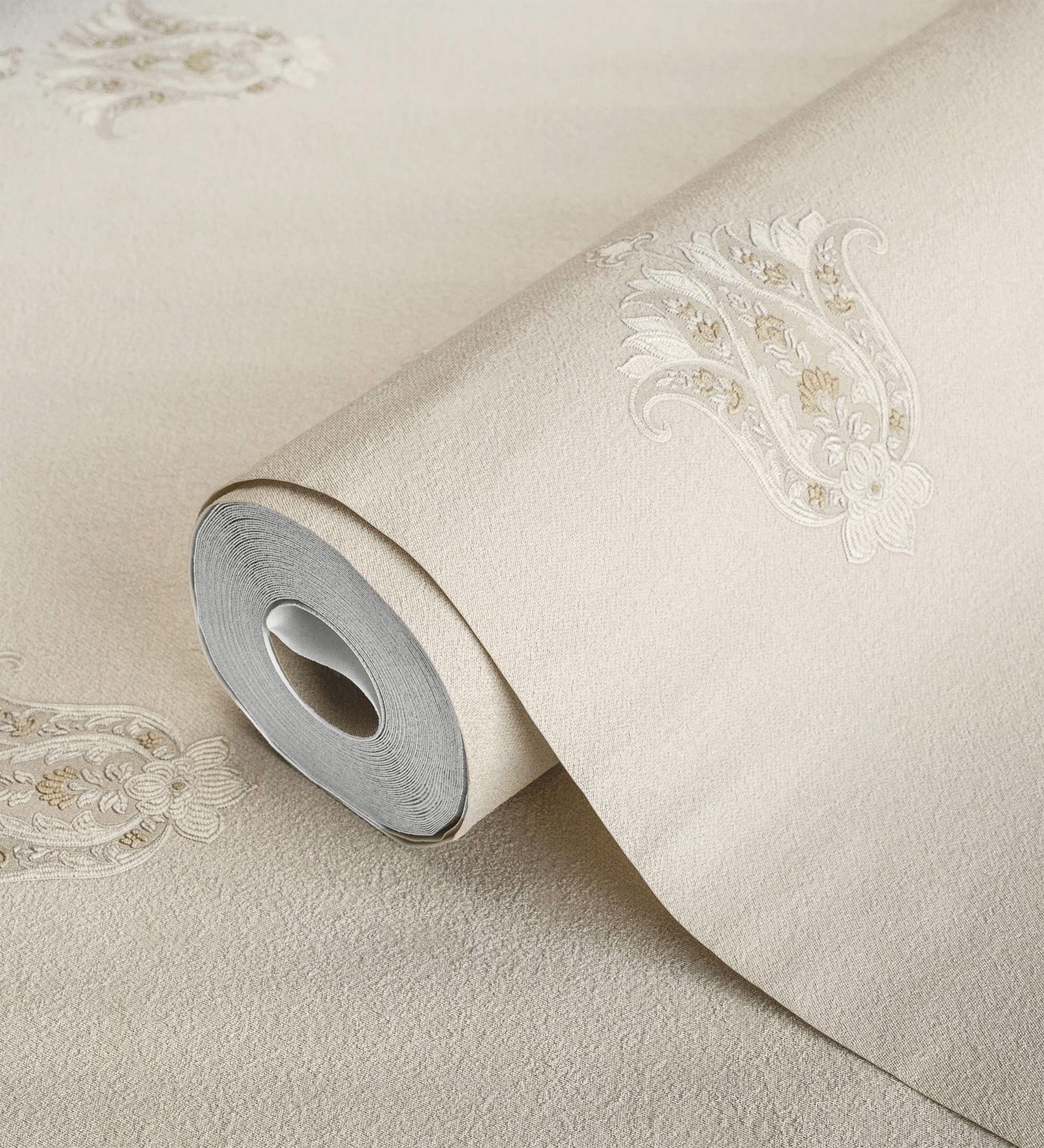 GAULAN 676421 - Papel pintado vinílico flor hindú con efecto textura de tela tejida en relieve para pared salón cocina baño dormitorio mueble - Rollo de 10 m x 1,06 m