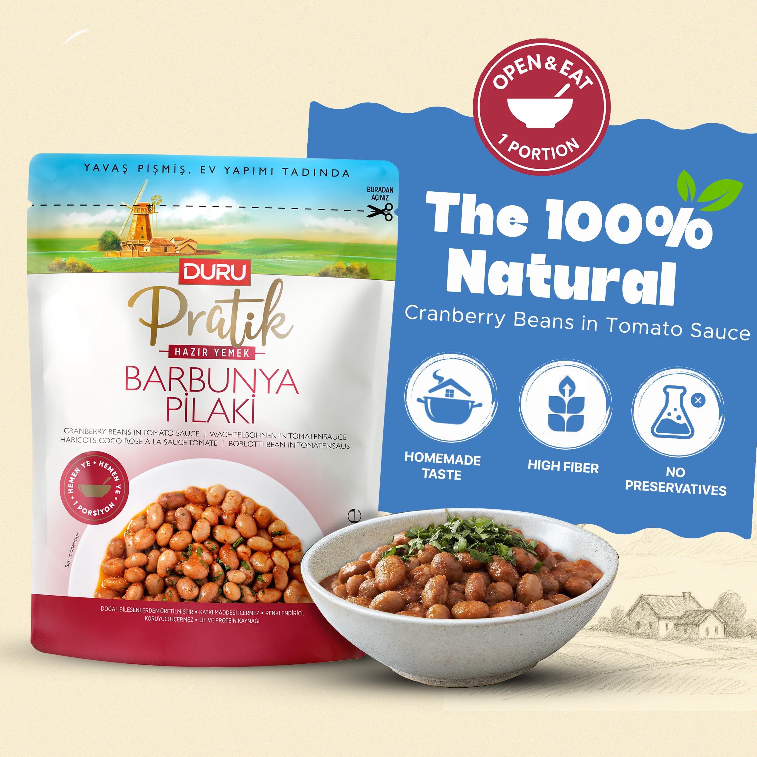 Duru Ready Cranberry Beans in Tomato Sauce, 400g x 4 Packs, Open and Eat, 100% Natural, BPA Free, No Trans Fat, Non-GMO, No Preservatives & Artificial Color