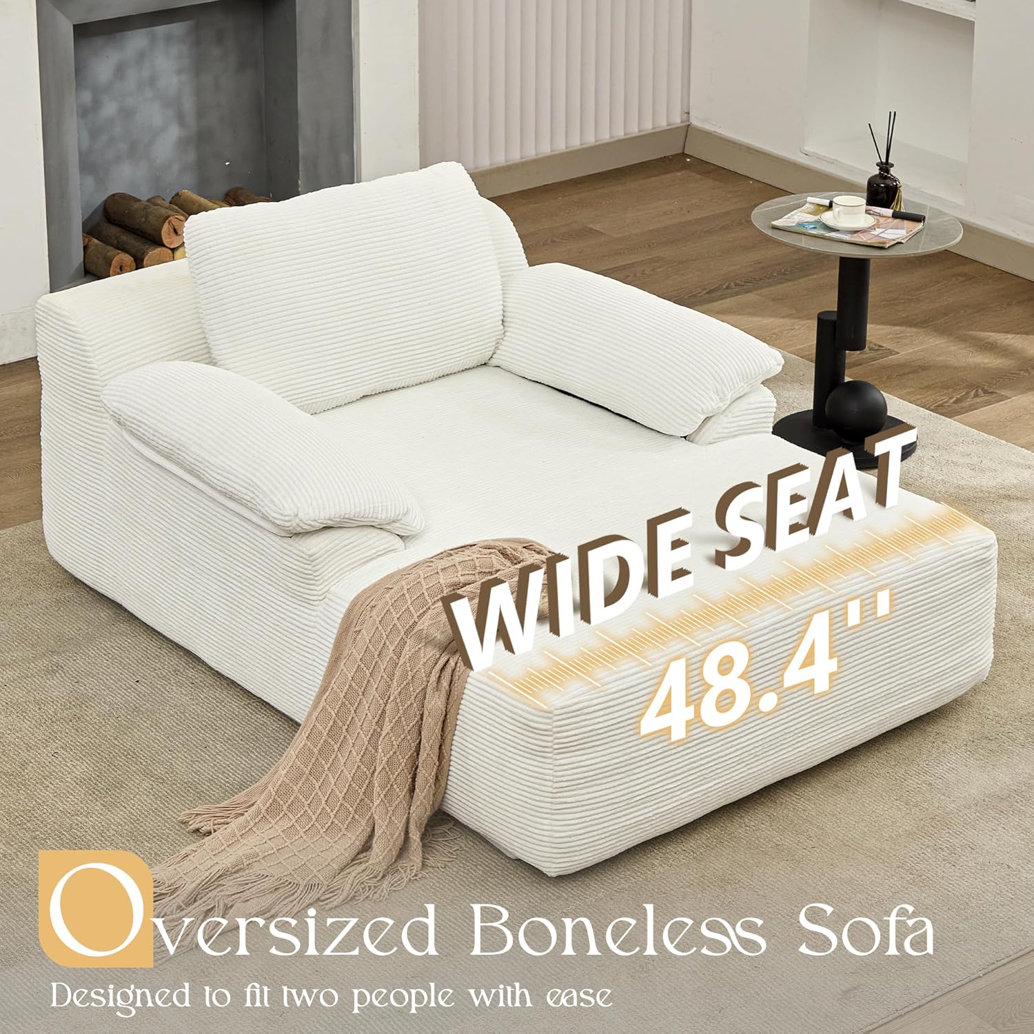 DRMBOOK Chaise Lounge Chair Indoor, Oversized Plush Upholstered Boneless Sofa Bed, Comfy Cloud Deep Seat Sleeper Couch with Pillows and Armrests for Living Room Bedroom Apartment (Corduroy White)