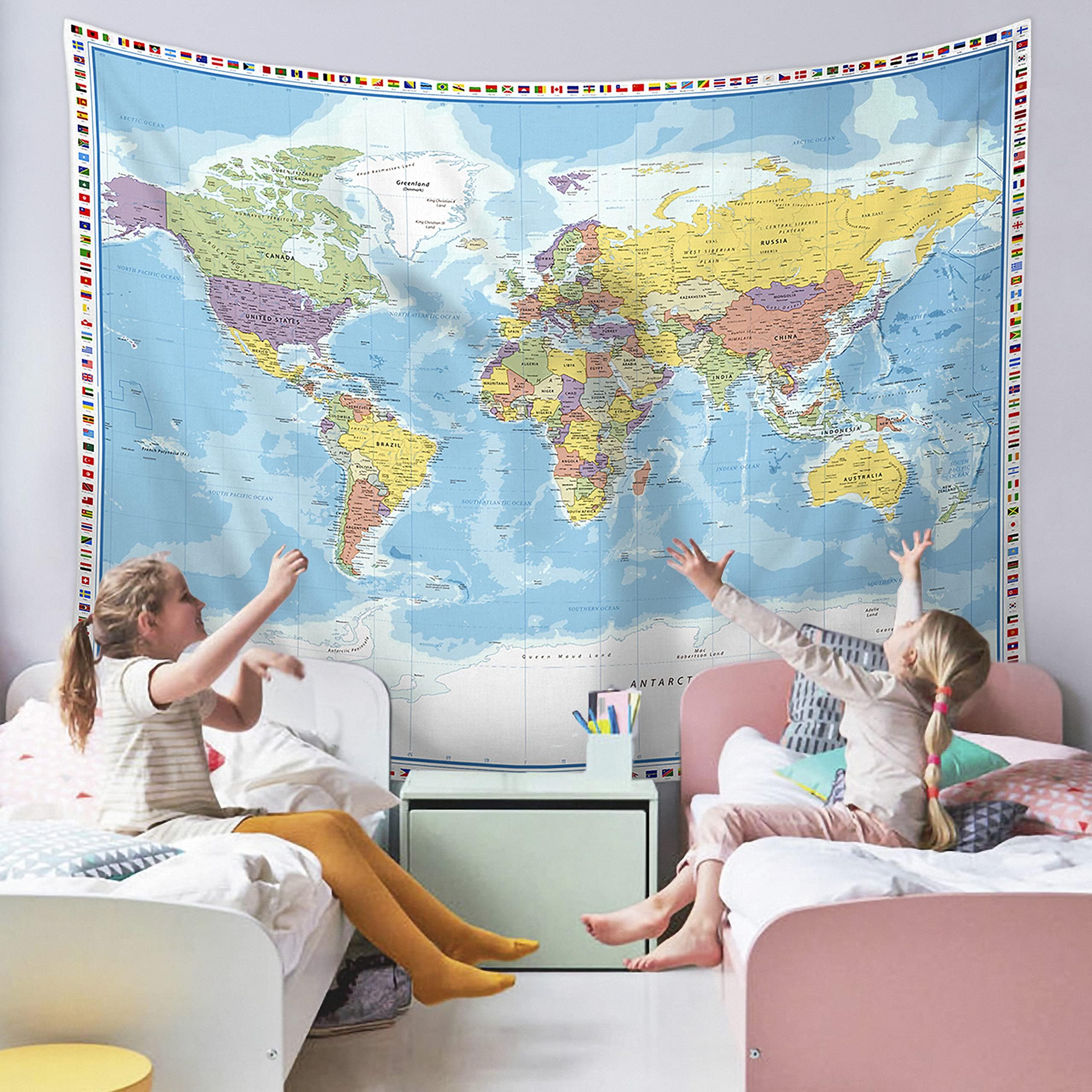 Large World Map Tapestry With Country Flags for Kids Educational Classroom Decor, Home, Traveling Geography Students - 60x80 In