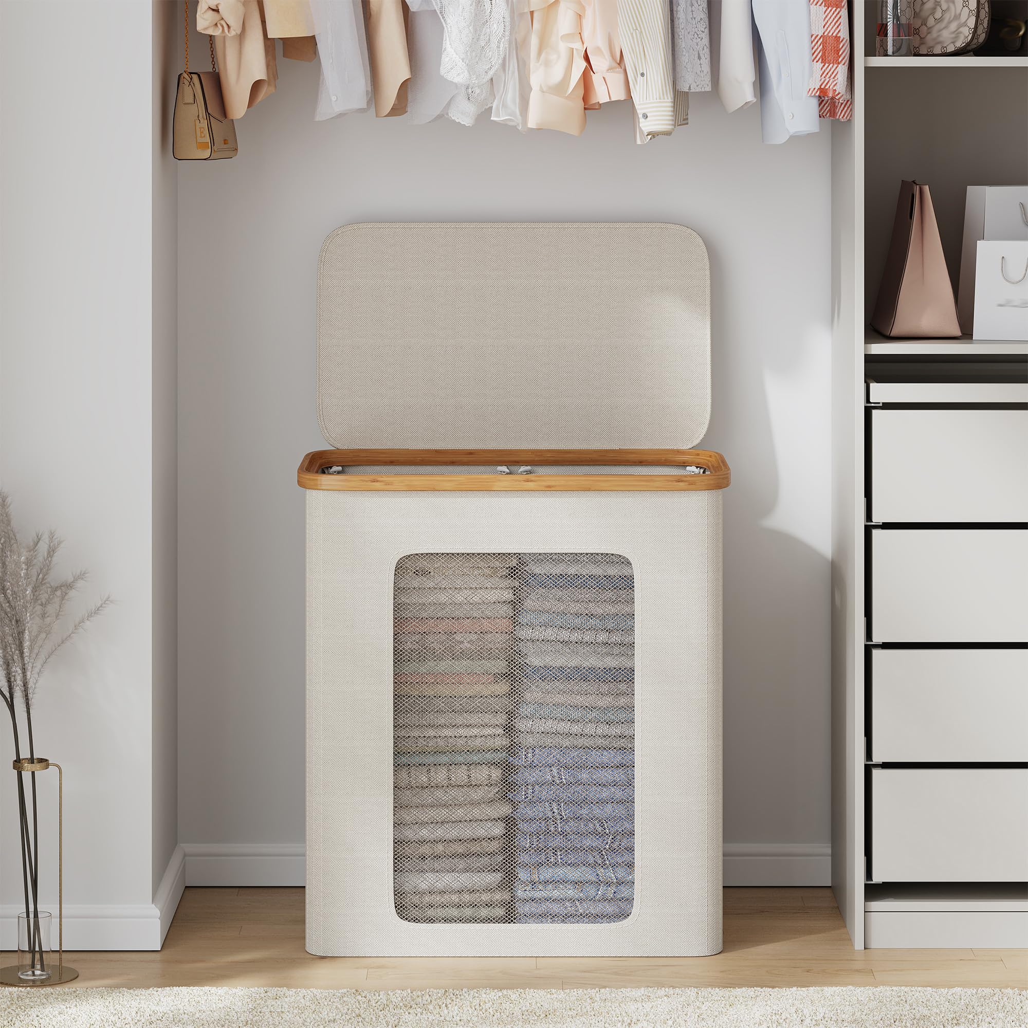 Panier à Linge 2 Compartiments avec Couvercle 140L, en Cadr Bambou & Tissu Oxford 600D Étanche, panier linge sale avec Sacs Intérieurs Amovibles, parfait pour la Buanderie, la Chambre, Beige