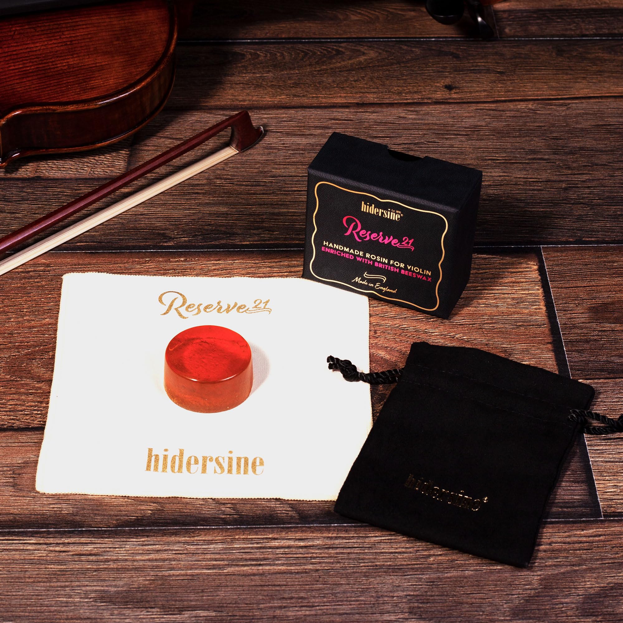 Hidersine Reserve21 Colophane légère pour violon Formule à faible poussière avec cire d'abeille britannique Pochette de transport Fabriquée au Royaume-Uni
