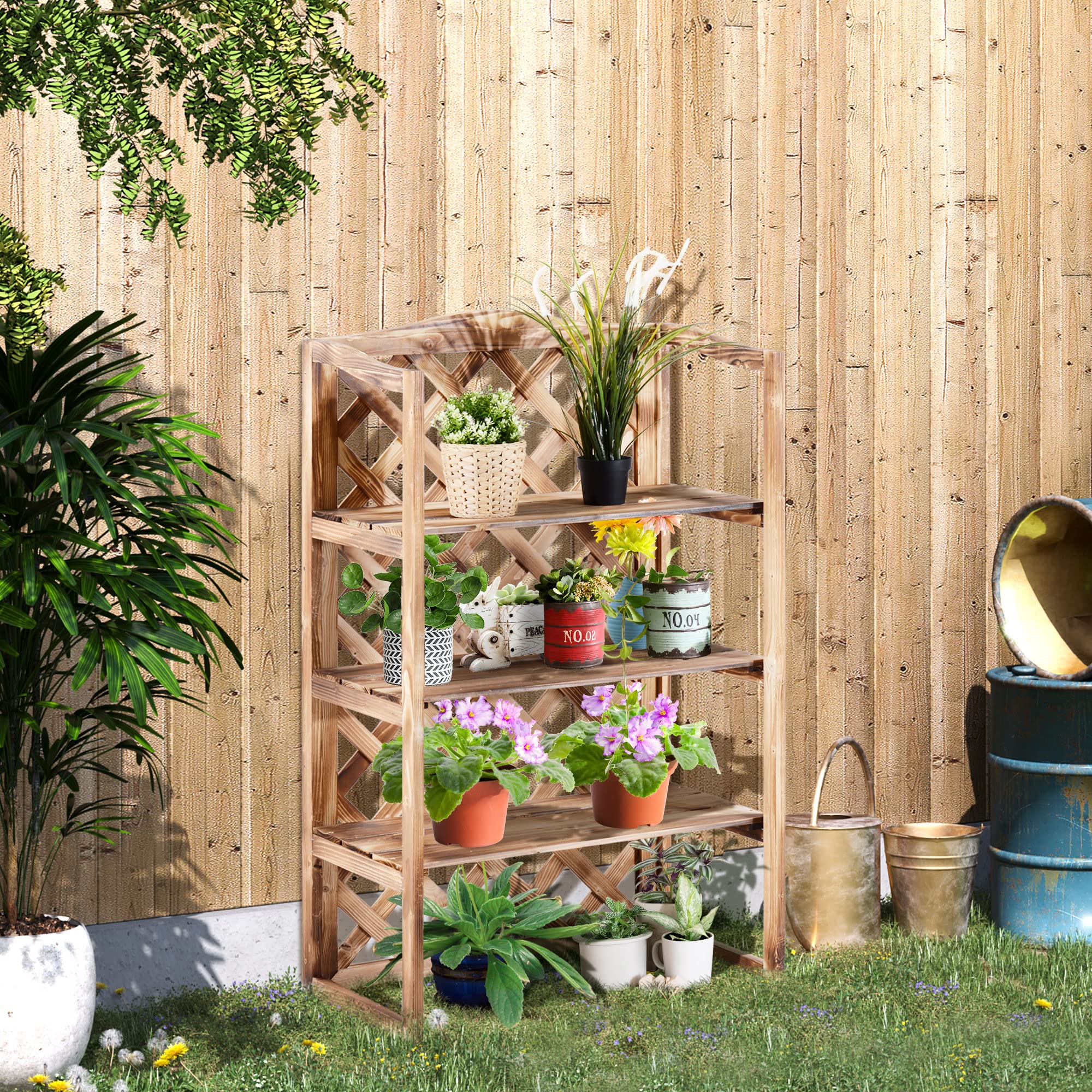 Outsunny Supporto fiori 3 livelli legno abete, scaffale fiori/piante