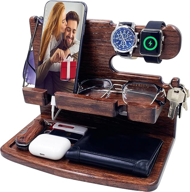 Cadeaux pour les hommes Femmes Papa Maris Boyfriend Wood Téléphone Poste d'accueil Table de chevet Organisateur pour hommes (Dark Brown)