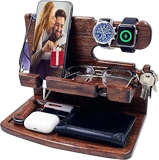 Gifts for Men Women Dad Husband Boyfriend Wood Phone Docking Station Nightstand Organizer for Men Birthday Gifts (Dark Brown)