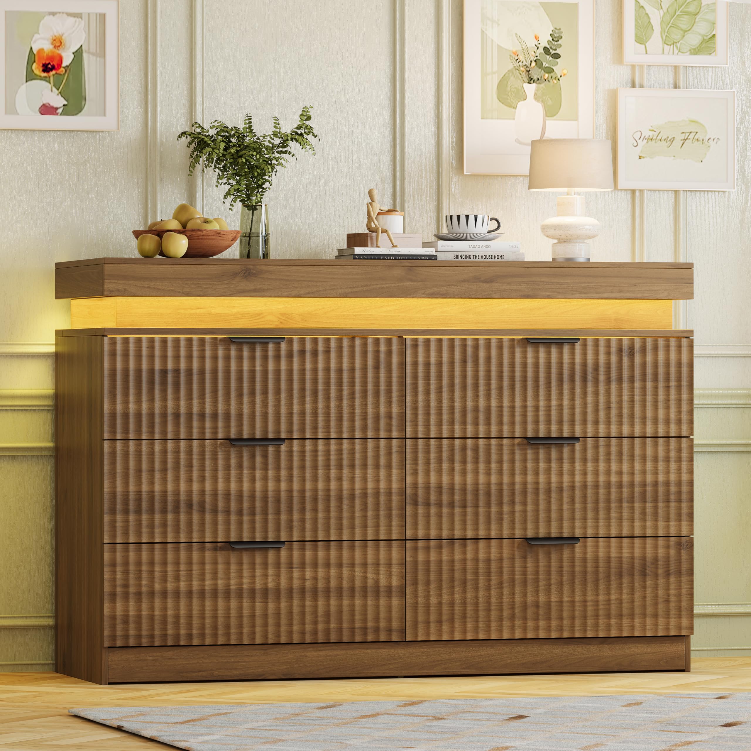 Fluted 6 Drawer Dresser with LED Lights &amp; Charging Station, Walnut