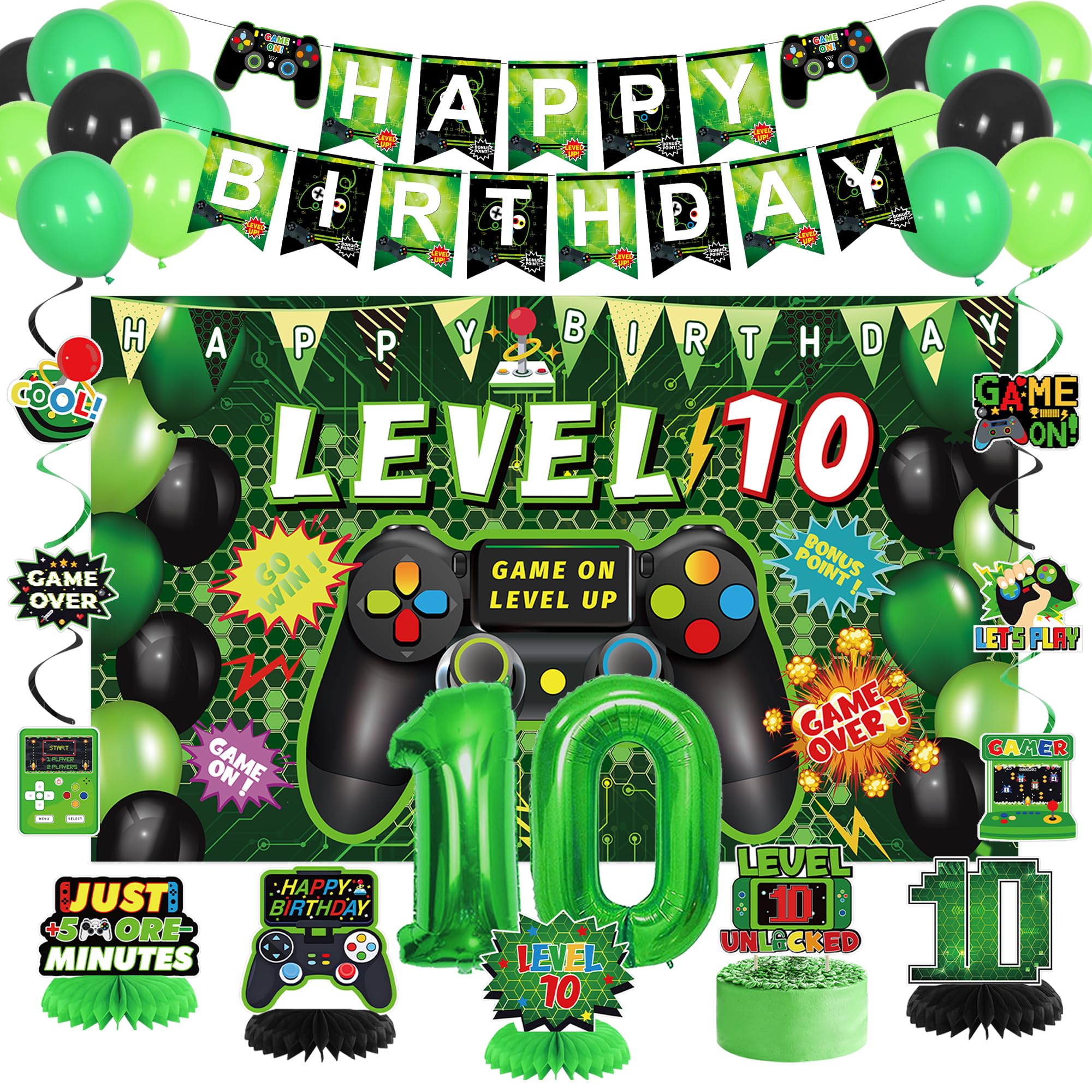 Vlipoeasn Green 10th Birthday Decorations for Boys, Video Game Level 10 Banner Backdrop Honeycomb Centerpieces Hanging Swirls for 10th Birthday Party,