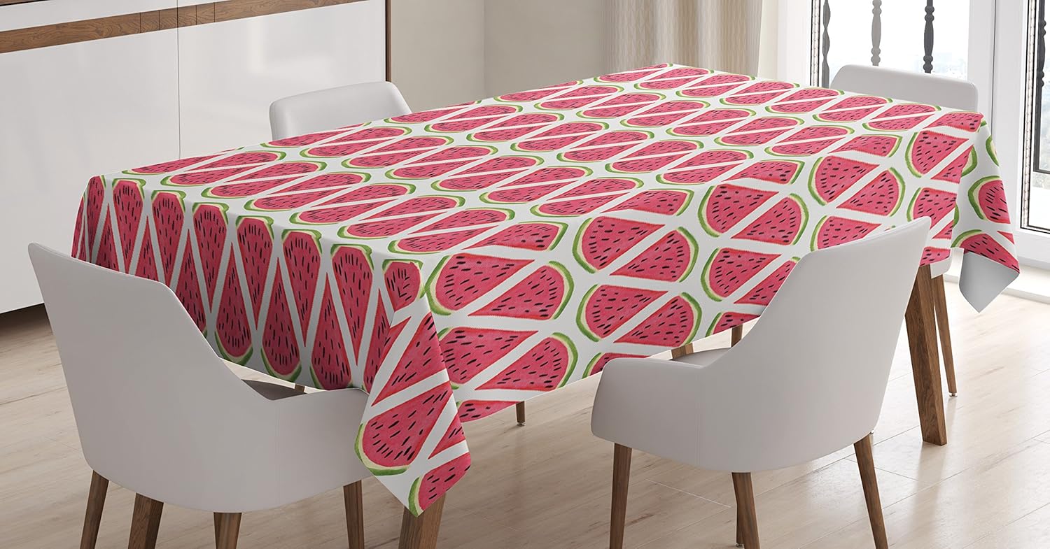 Ambesonne Watermelon Tablecloth, Watermelons Retro Style Slice Fresh Tropical Fruit in Watercolors, Rectangular Table Cover for Dining Room Kitchen Decor, 60" X 90", White Green 60" X 90" Green White