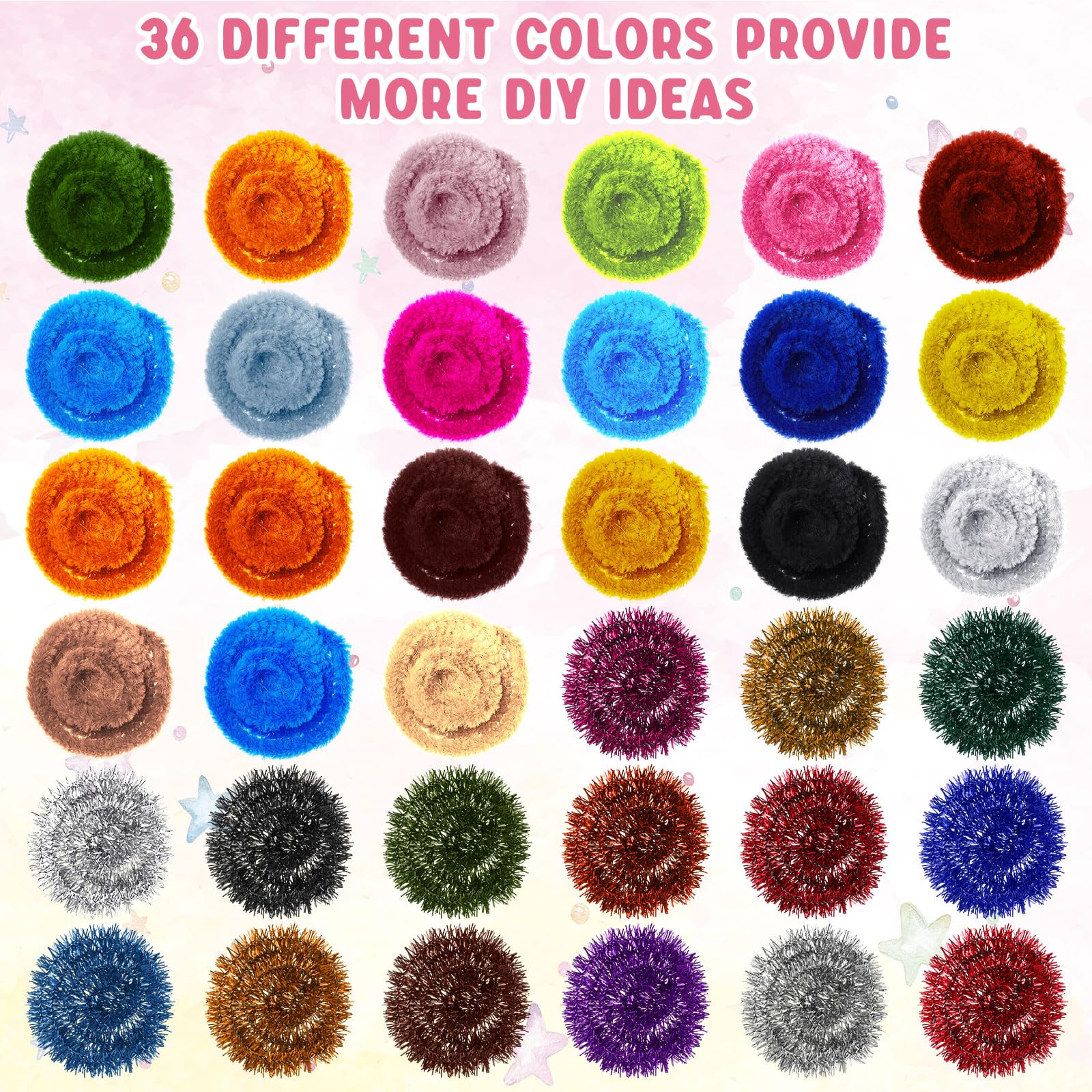 Pfeifenreiniger, Chenille-Stiele, Pfeifenreiniger, Bastelbedarf, Kunstbedarf für Kinder und Erwachsene, kreative Dekorationen, 36 verschiedene Farben (stilvolle Farbe), 1800 Stück