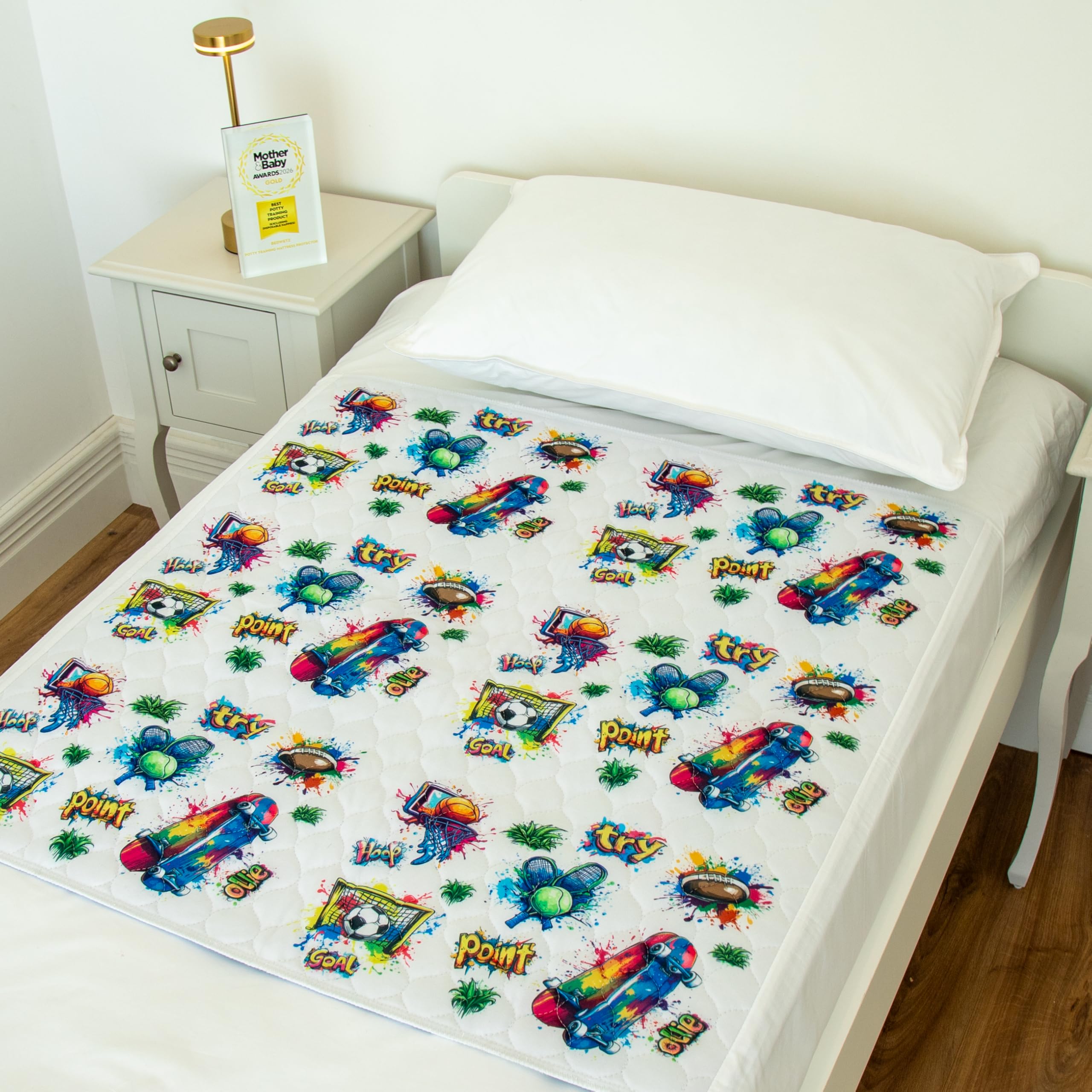 Bedwetz Single Graffiti Potty Training Bed Pad – Waterproof Mattress Protector For Toddler & Single Beds, Washable 5-Layer Bed Wetting Sheet With Non-Slip Wing Tucks | Graffiti