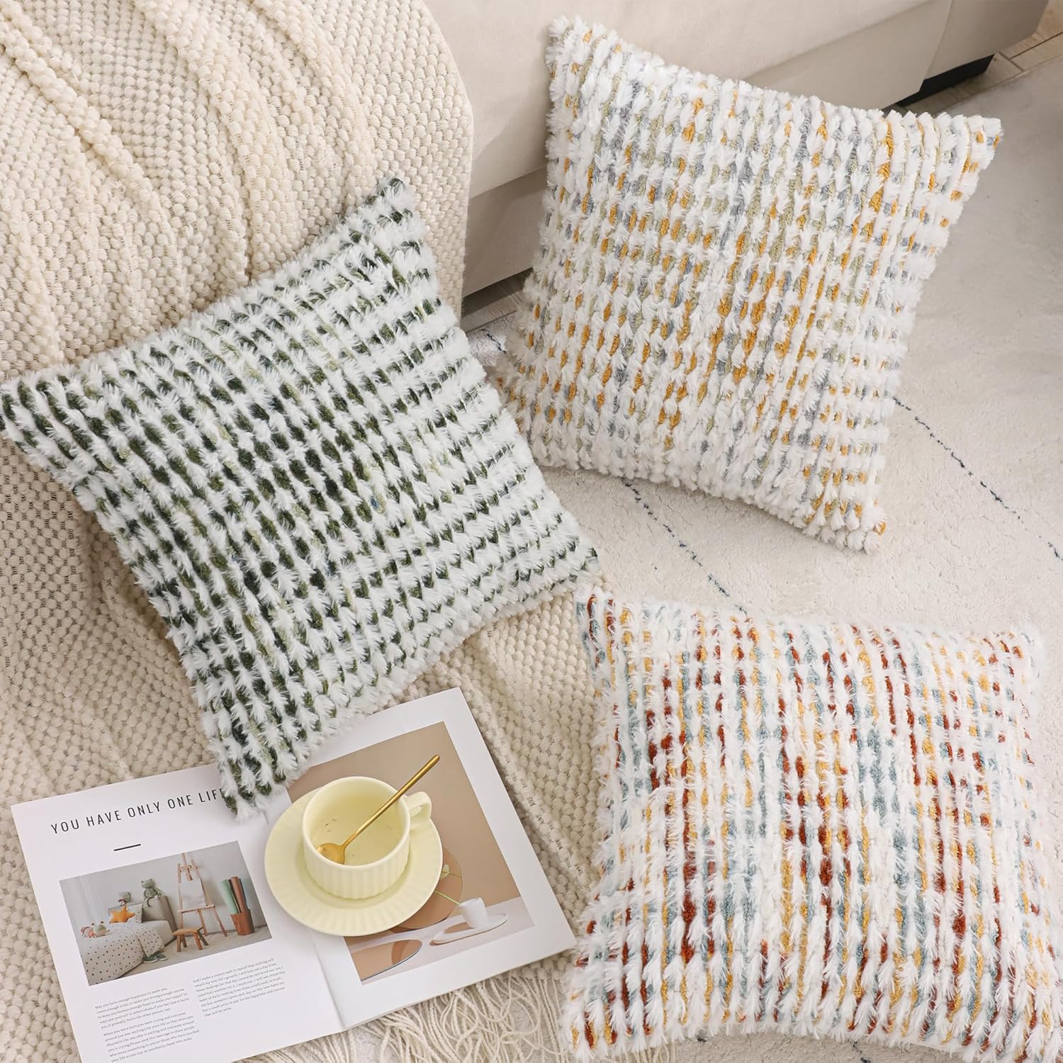 LUOYEHK Boho Throw Pillow Covers 20x20 Inch Set of 2 Chenille Tufted Pillowcase Farmhouse Neutral Cushion Covers for Couch Sofa Bed Living Room, Orange White - Image 6