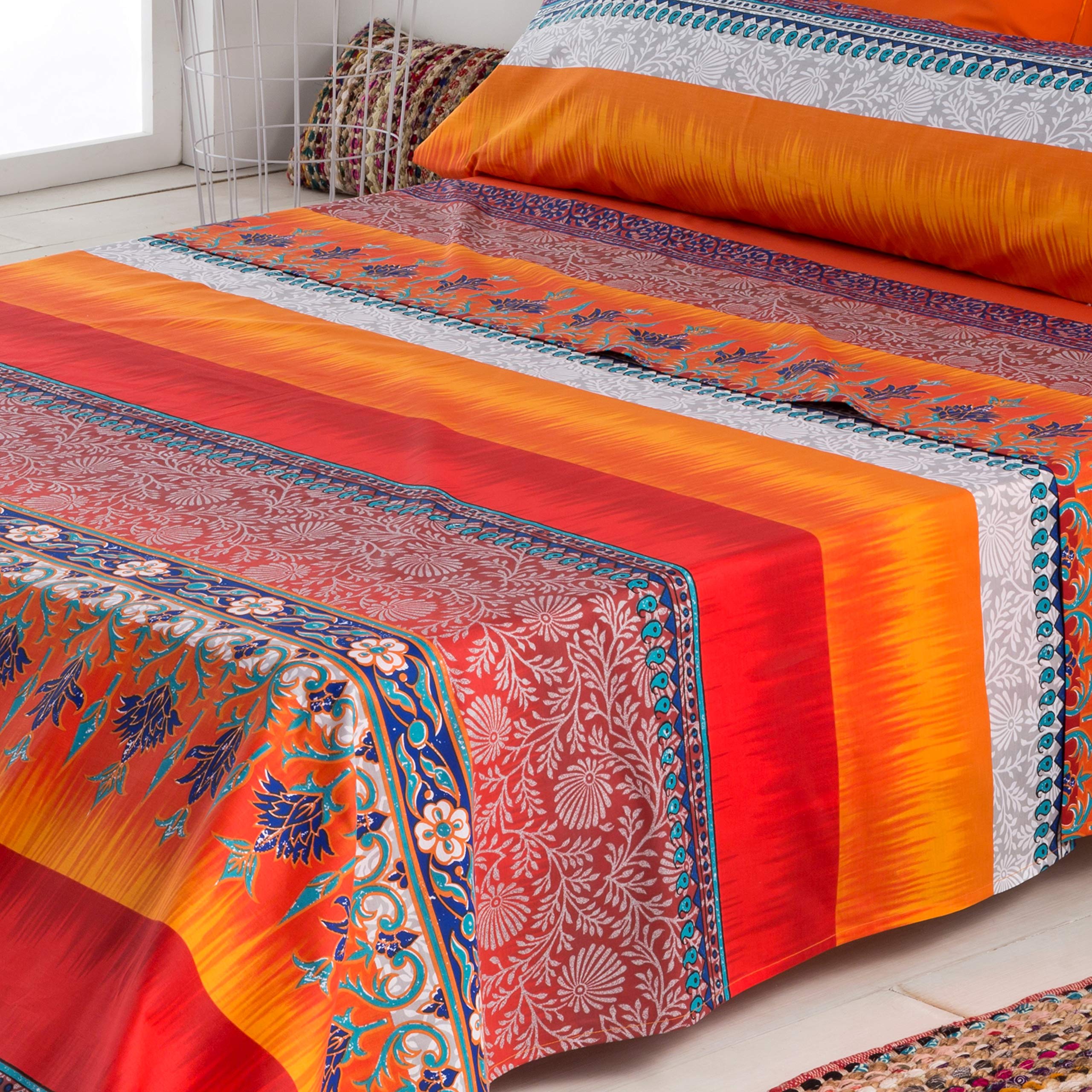 COTTON ARTean Juego sábanas Cama 135 Percal 180 Hilos Indi Multicolor | Incluye 3 piezas: encimera, bajera ajustable, 1 funda de almohada. Certificado OEKO-TEX