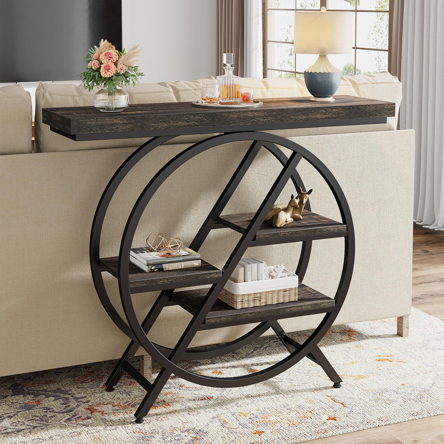Tribesigns Stół konsolowy, 100 cm, stół wejściowy z pogrubionym blatem, przemysłowy, 4-poziomowy stół do korytarza, stolik z geometryczną metalową ramą, do salonu, wejścia, foyer (szary)