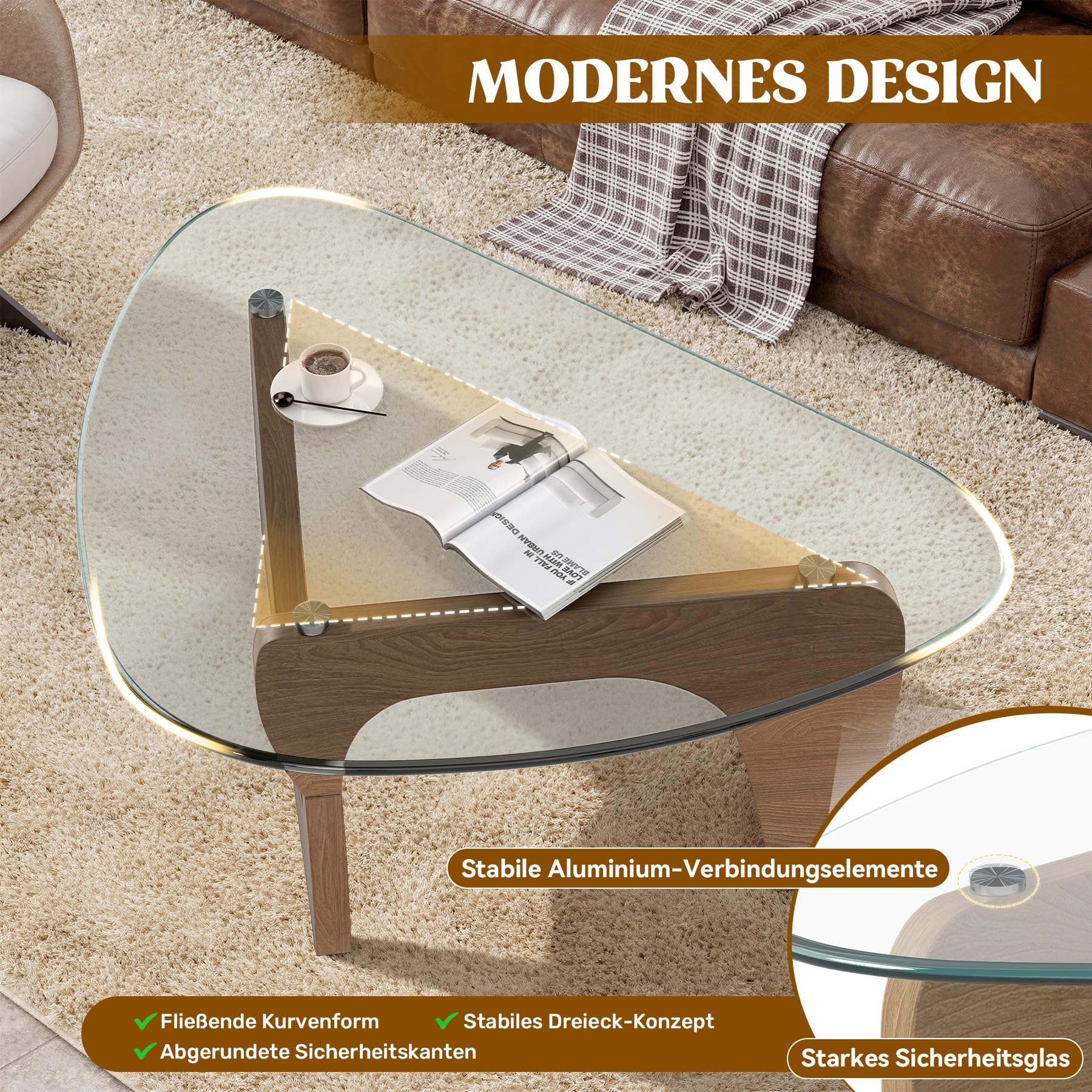 Beistelltisch Dreieckig Couchtisch Glas Transparent, Wohnzimmertisch im Skandinavischen Design, MDF Holz Beine Naturholz-Farbe, 90x60x43cm, Moderner Kaffeetisch Sofatisch Glastisch