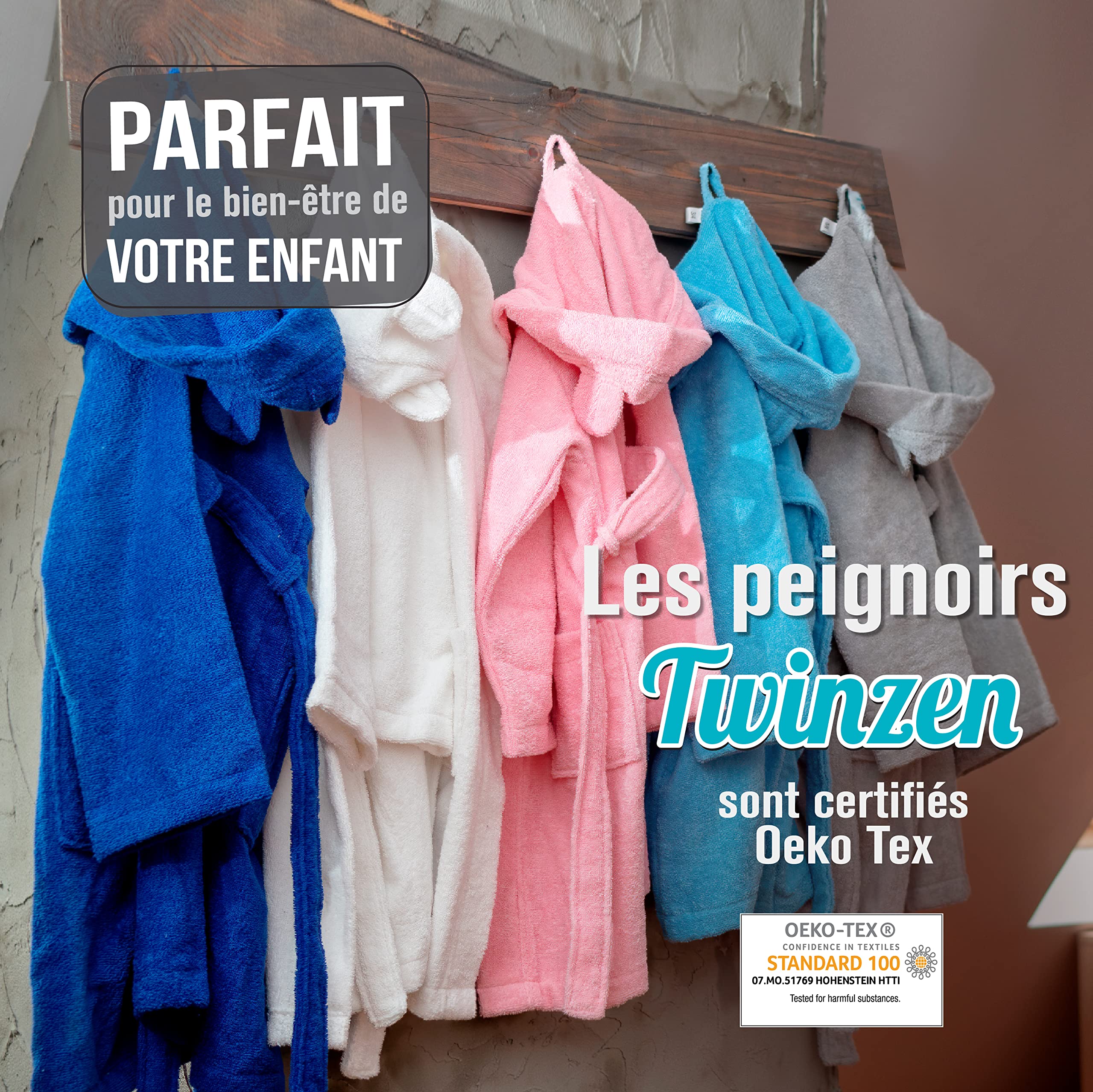 Twinzen - Peignoir Enfant Coton pour Fille et Garçon - 100% Coton OEKO-TEX® Sans Produits Chimiques- 2 Poches, Ceinture, Capuche avec Oreilles