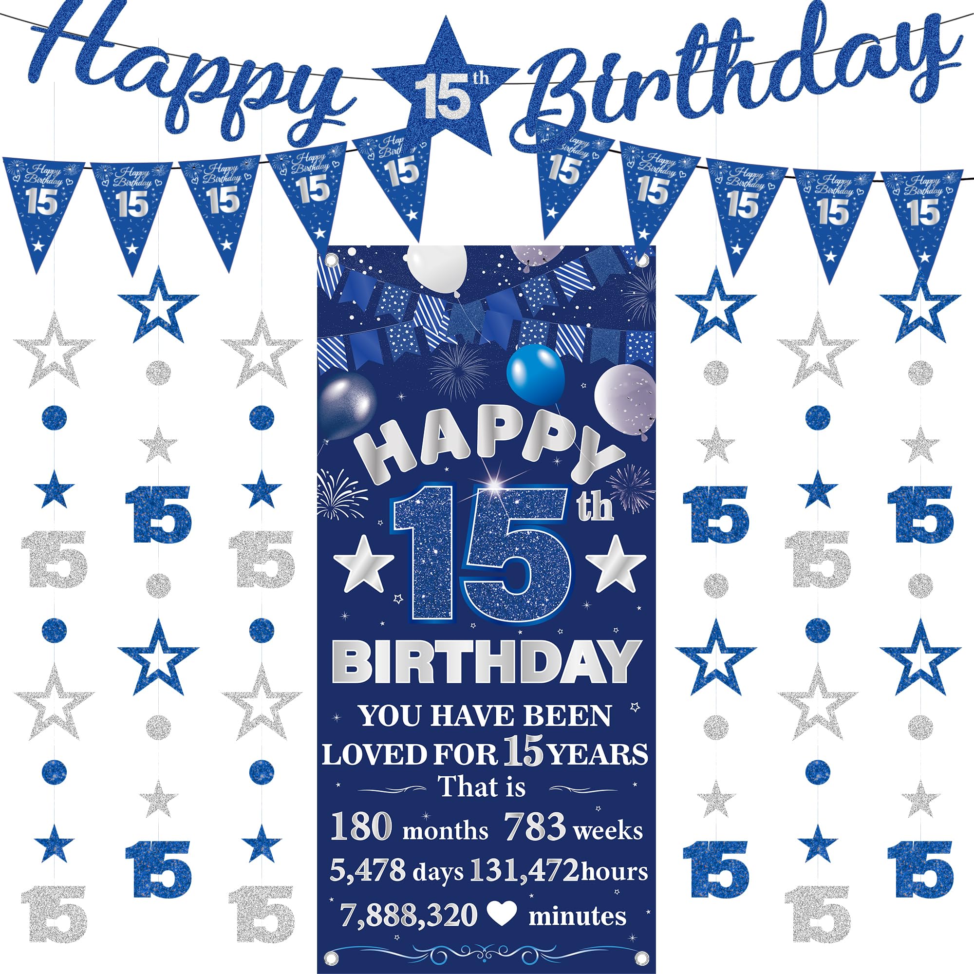 15th Birthday Decorations Banner Boys - 9 Pcs Blue Silver Bannes Backdrop Number Star Dot Glitter Hanging Garlands Kit for Boys And Girls Happy 15 Years Old Birthday Party Decor Supplies
