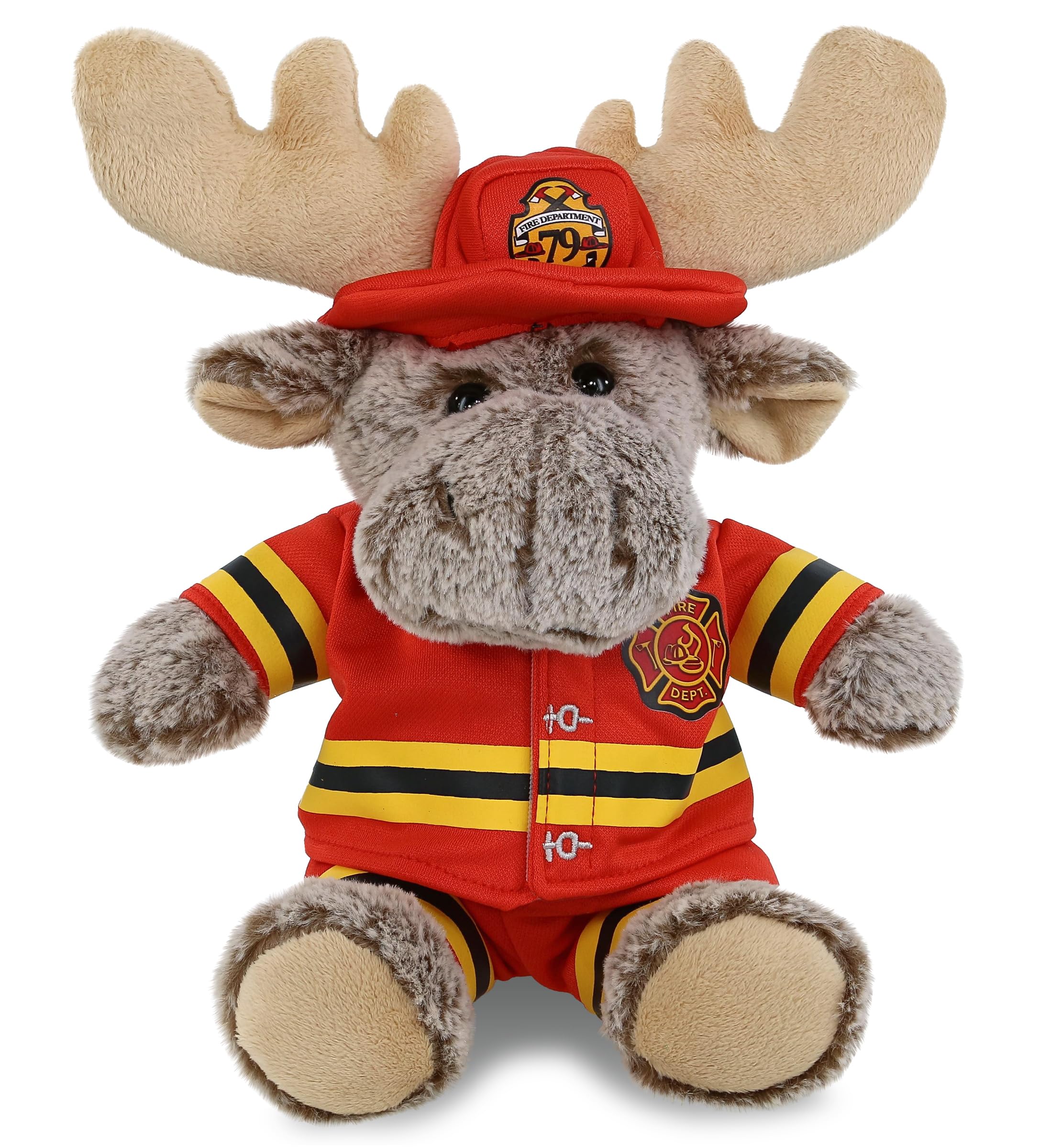 DolliBu Sitting Moose Firefighter Stuffed Animal with Name Personalization - Super Soft Moose with Red Fireman Costume Outfit and Fireman Hat, Cute