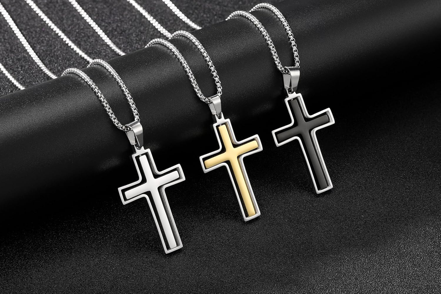 Zysta Rotating Cross Necklace for Men Silver Black Gold Stainless Steel Plain Cross Pendant Inspirational Crucifix Faith Necklace for Men Box Chain 24 Inch - Image 3