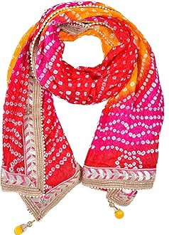 Women's Silk Jaipuri Rajasthani Bandhani Bandhej Heavy Dupatta with Gota Work and Latkan