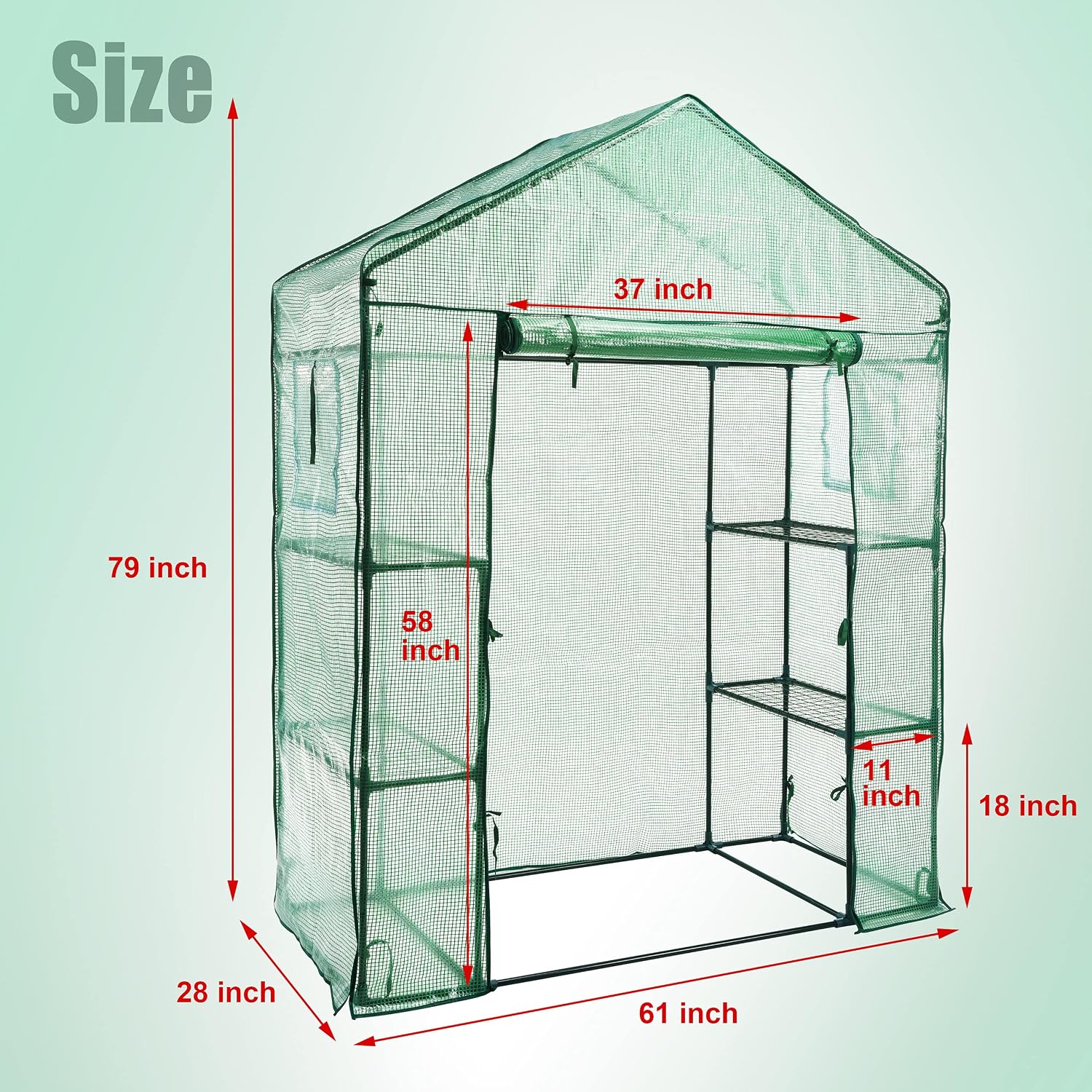 Greenhouse, Outdoor, Walk-in, 3 Tiers, 4 Shelves, Roll-up Zipper Door, Windows, Clear PVC, Steel Frame